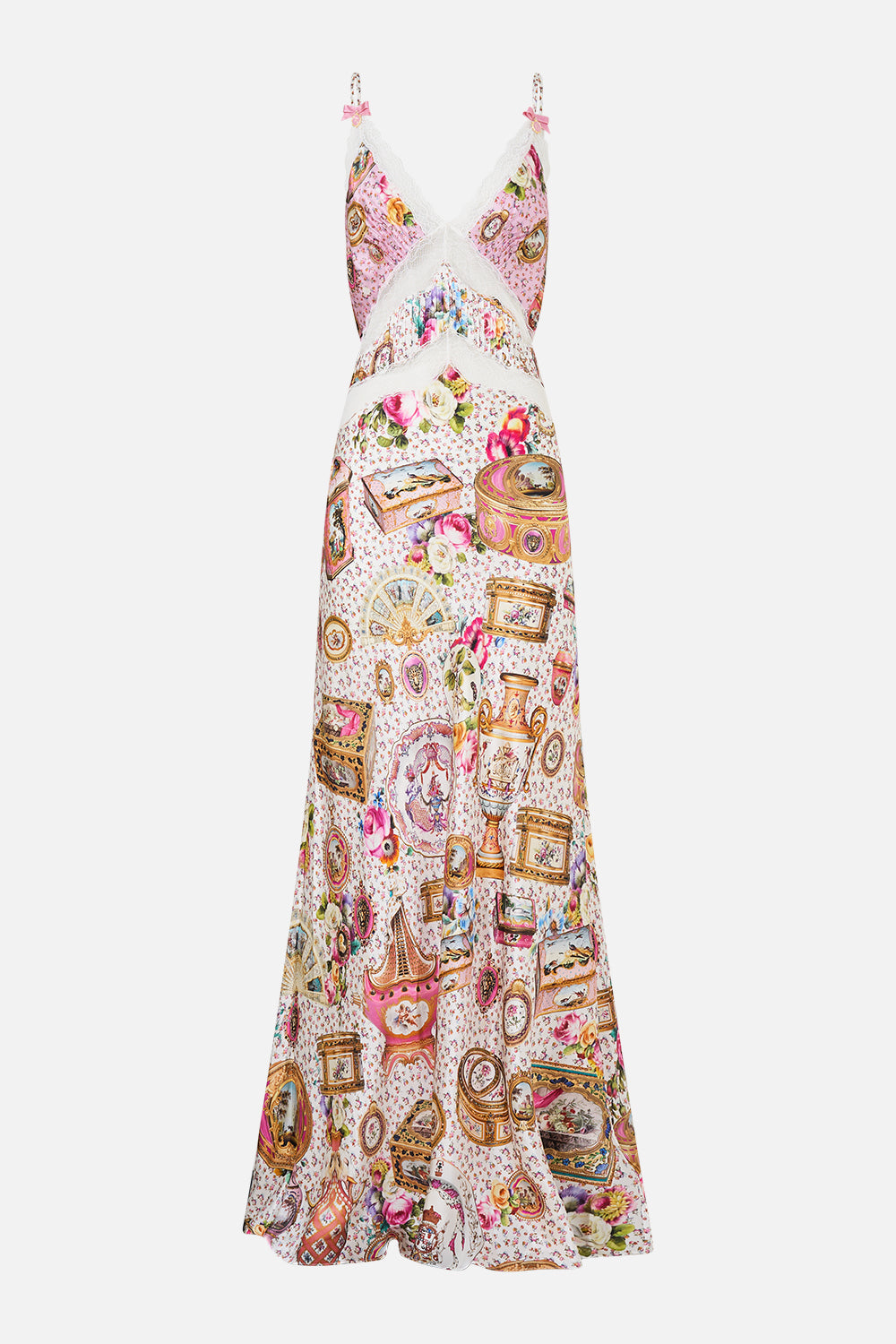 The CAMILLA V-Neck Long Bias Slip Dress With Train in our In The Heart Of Art print.