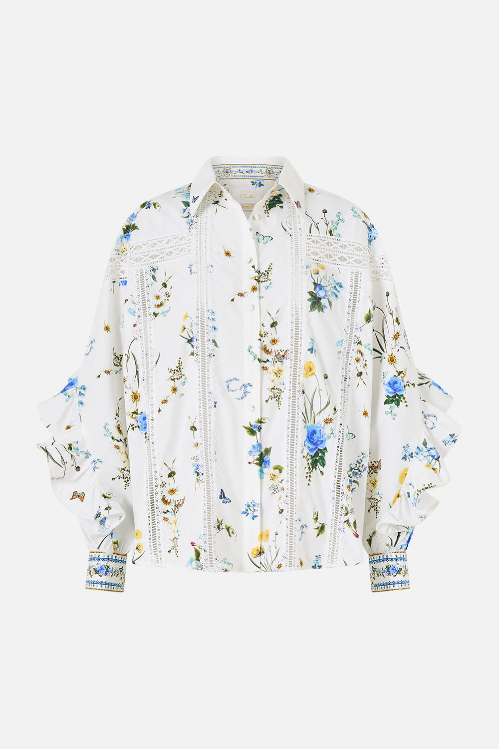 The CAMILLA BUTTON SHIRT WITH FRILL DETAIL DANDELION SKIES