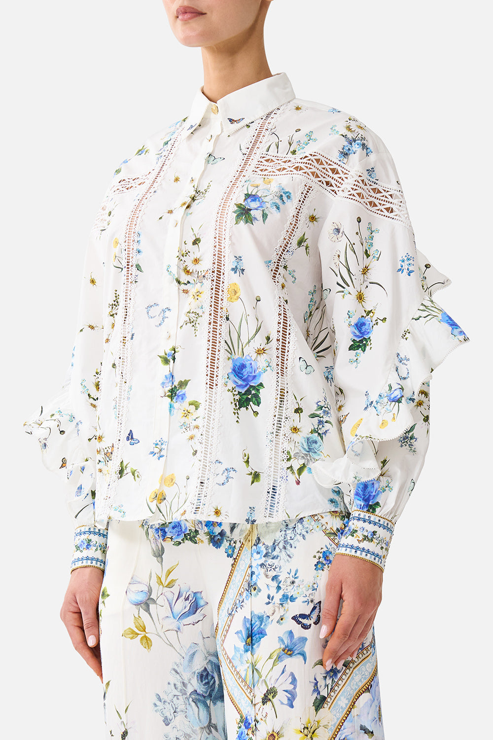 BUTTON SHIRT WITH FRILL DETAIL DANDELION SKIES