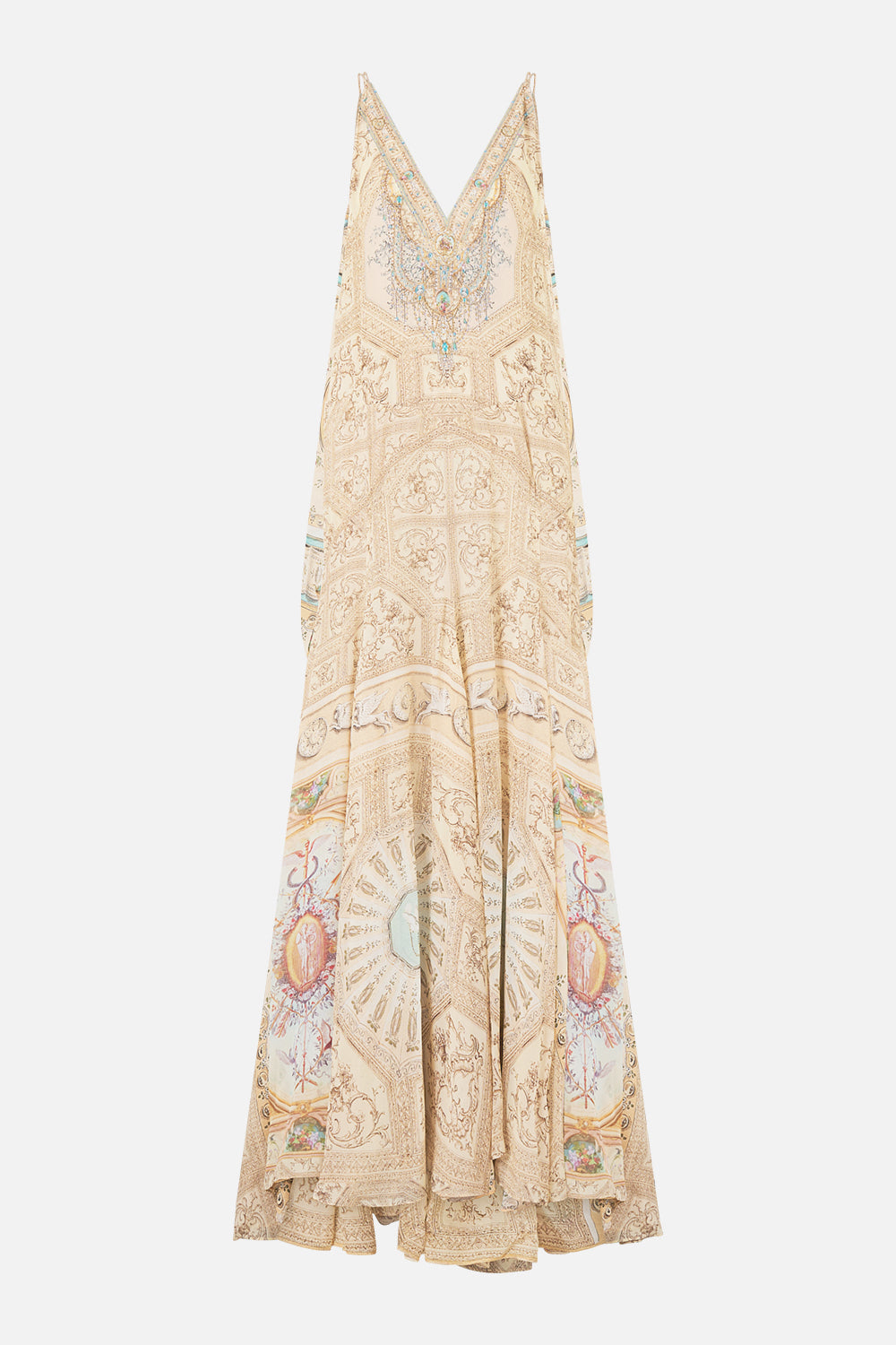 The CAMILLA SHIRRED WAIST LONG DRESS PALACE ZOOLOGY in our  print.