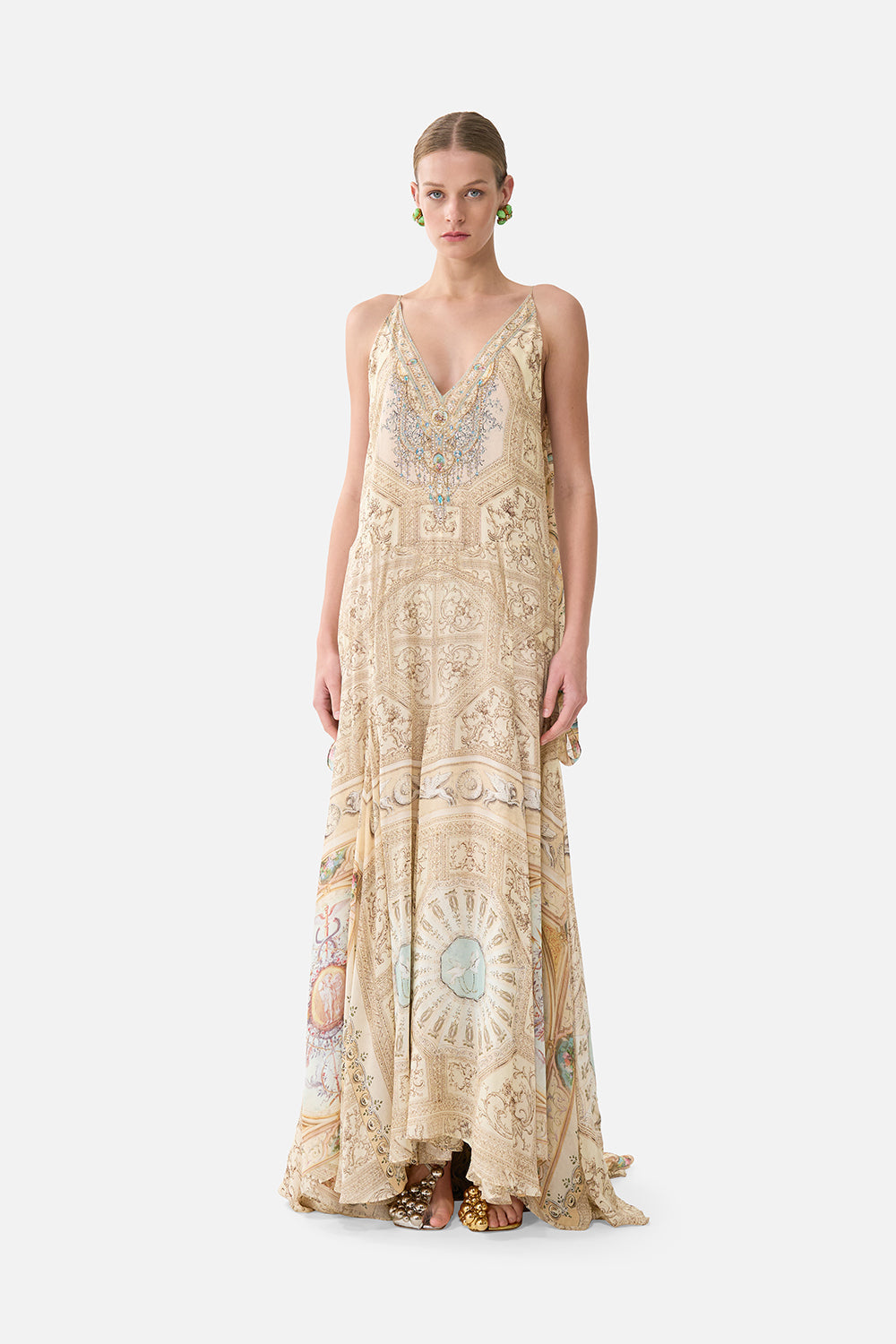 The CAMILLA SHIRRED WAIST LONG DRESS PALACE ZOOLOGY in our  print.