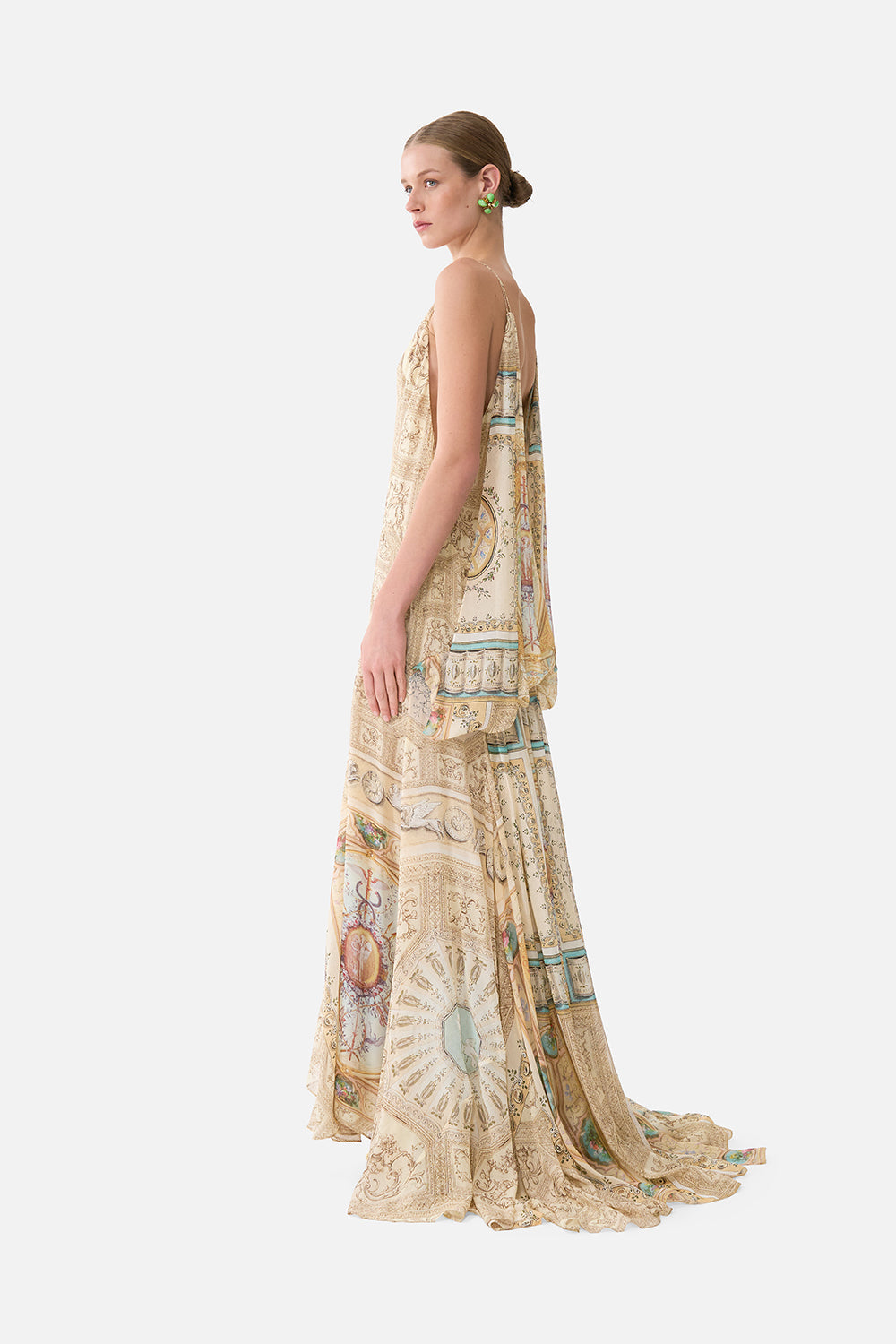 The CAMILLA SHIRRED WAIST LONG DRESS PALACE ZOOLOGY in our  print.