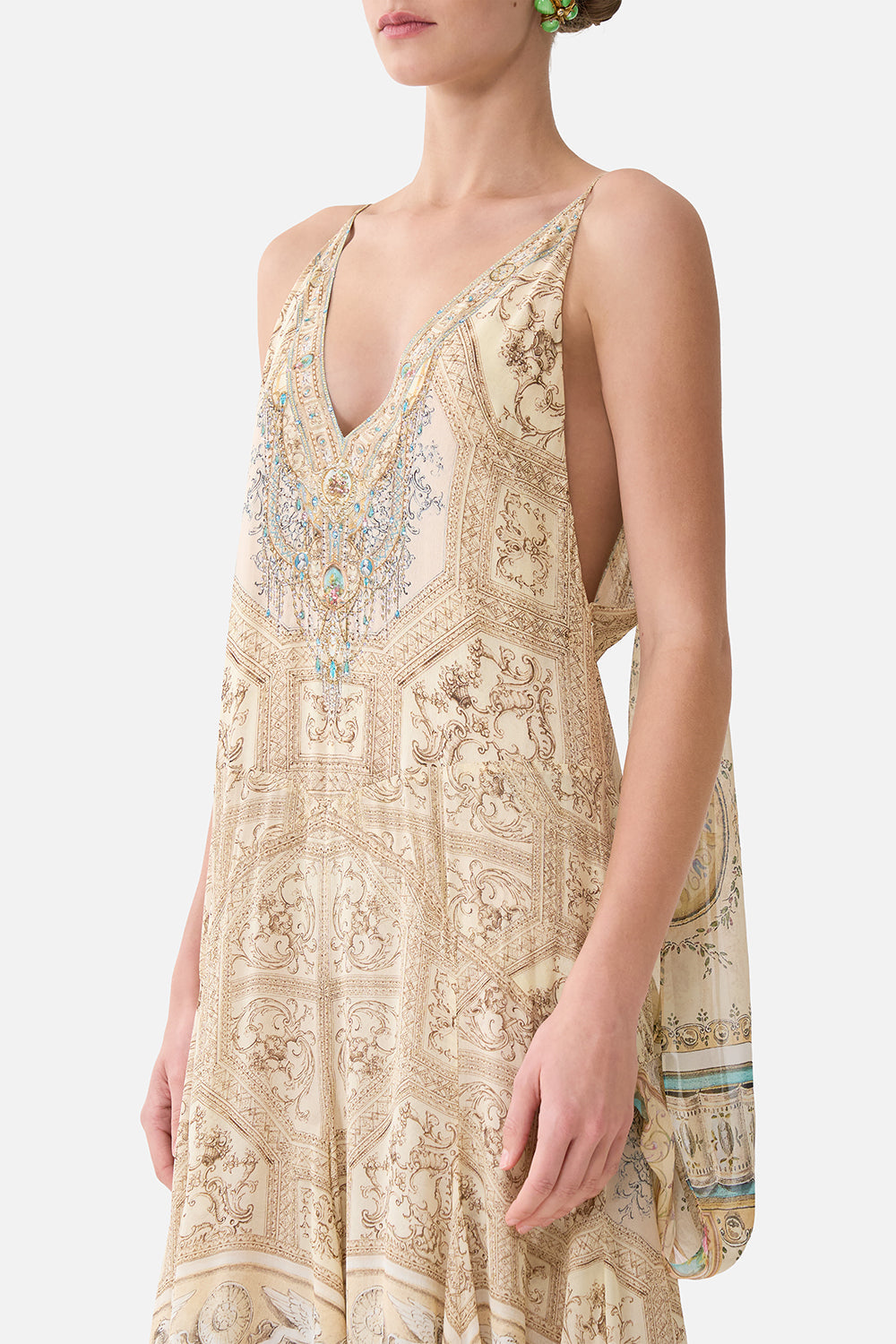 The CAMILLA SHIRRED WAIST LONG DRESS PALACE ZOOLOGY in our  print.