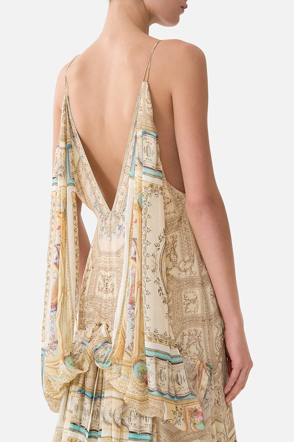 The CAMILLA BIAS SLIP DRESS WITH FRILL HEM SILK ESSENTIALS in our SILK ESSENTIALS print.