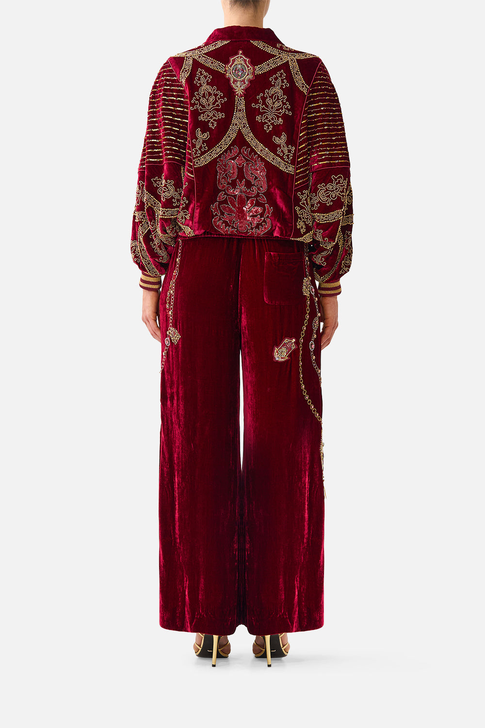 The CAMILLA Velvet Relaxed Track Pant with Side Panel in our Call Me a Carriage print, back view on model.