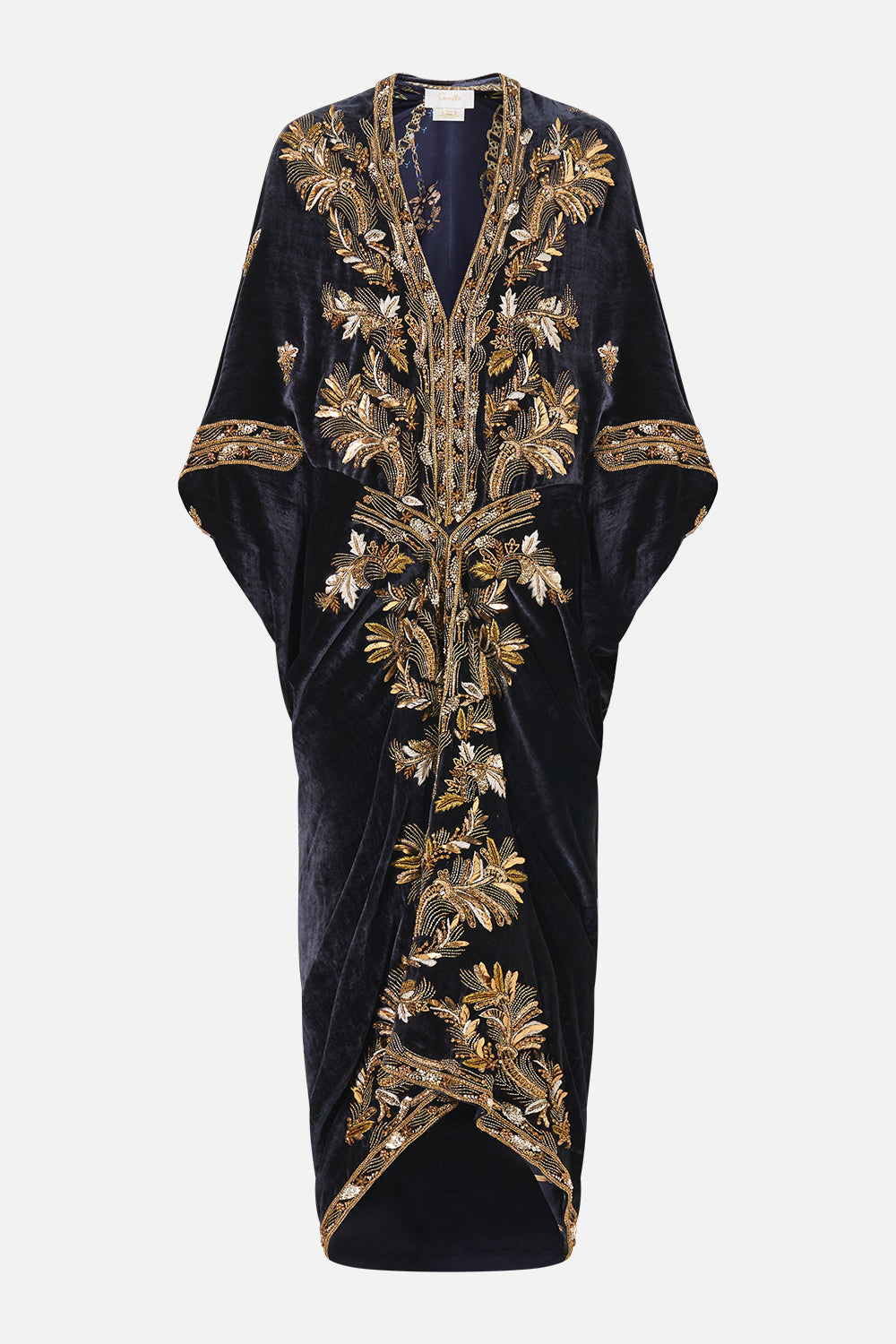 The CAMILLA Long V Neck Kaftan with Split Front in our Cloaked in Baroque print, front view.