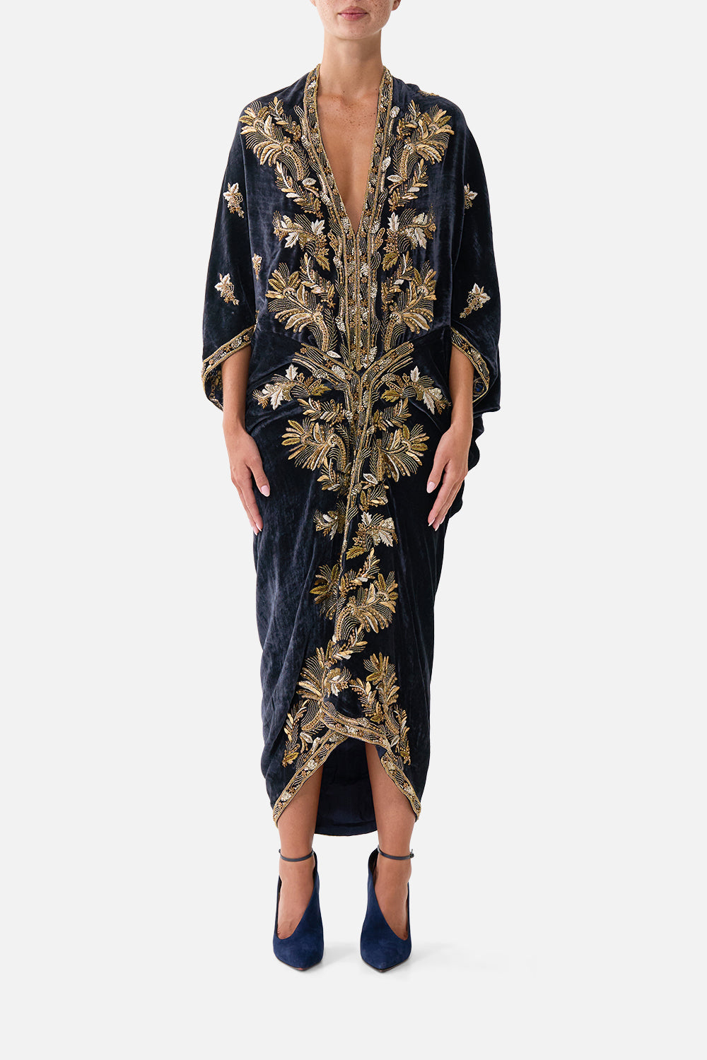 The CAMILLA Long V Neck Kaftan with Split Front in our Cloaked in Baroque print, front view on model.