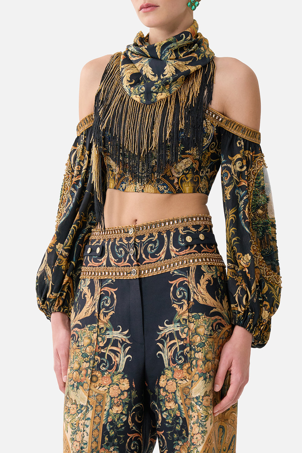 The CAMILLA OFF SHOULDER SHORT DRESS WANDERLUST EMPIRE in our WANDERLUST EMPIRE print.