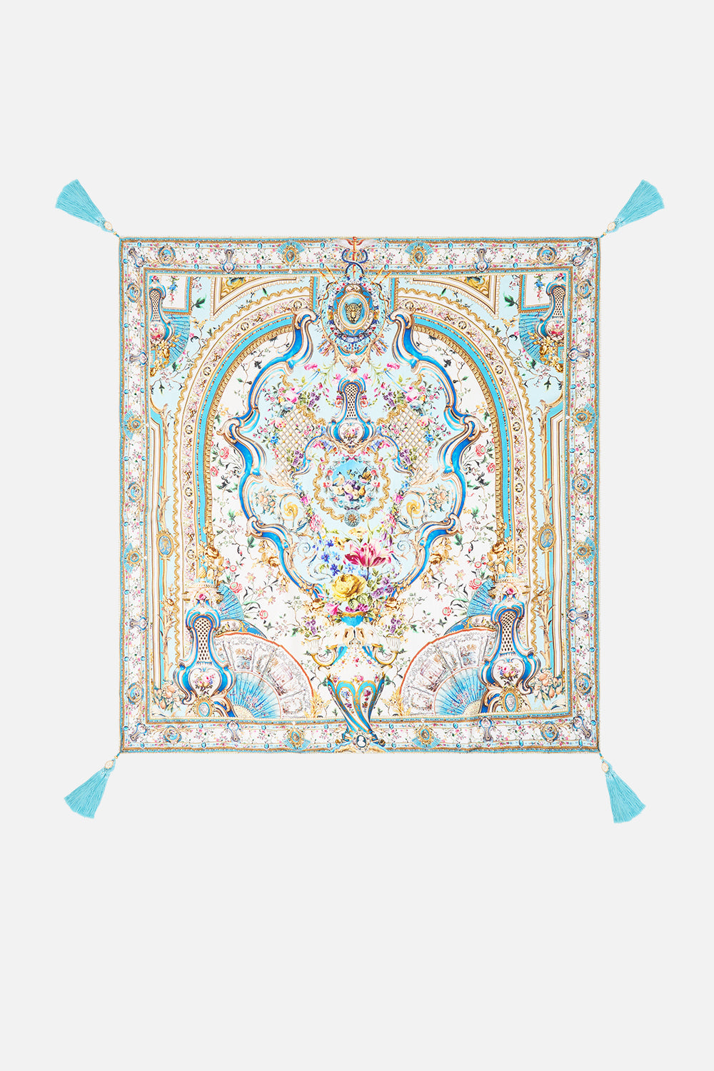 The CAMILLA Large Crystalled Silk Square Scarf in our Art For The Artisans print.