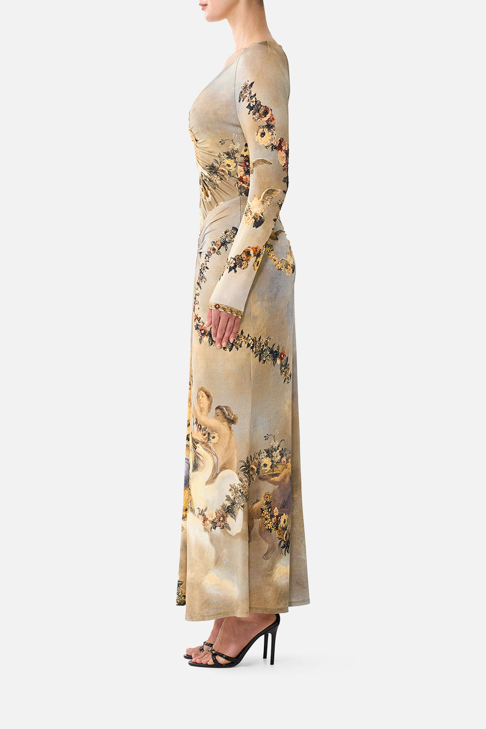 GATHERED V NECK LONG DRESS QUEEN OF BOHEMIA
