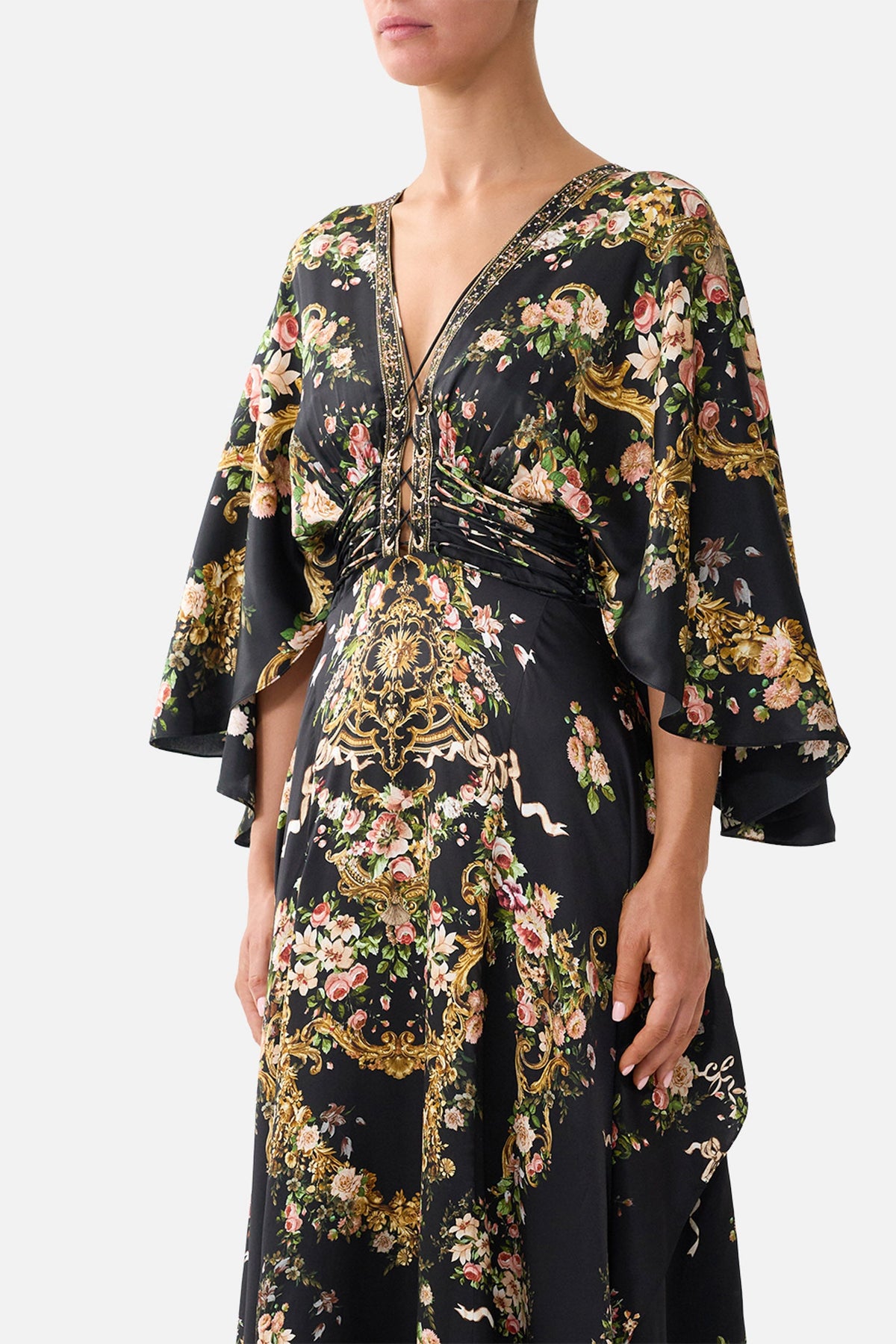 V NECK LACE UP DETAIL LONG DRESS VERSAILLES OR DIE