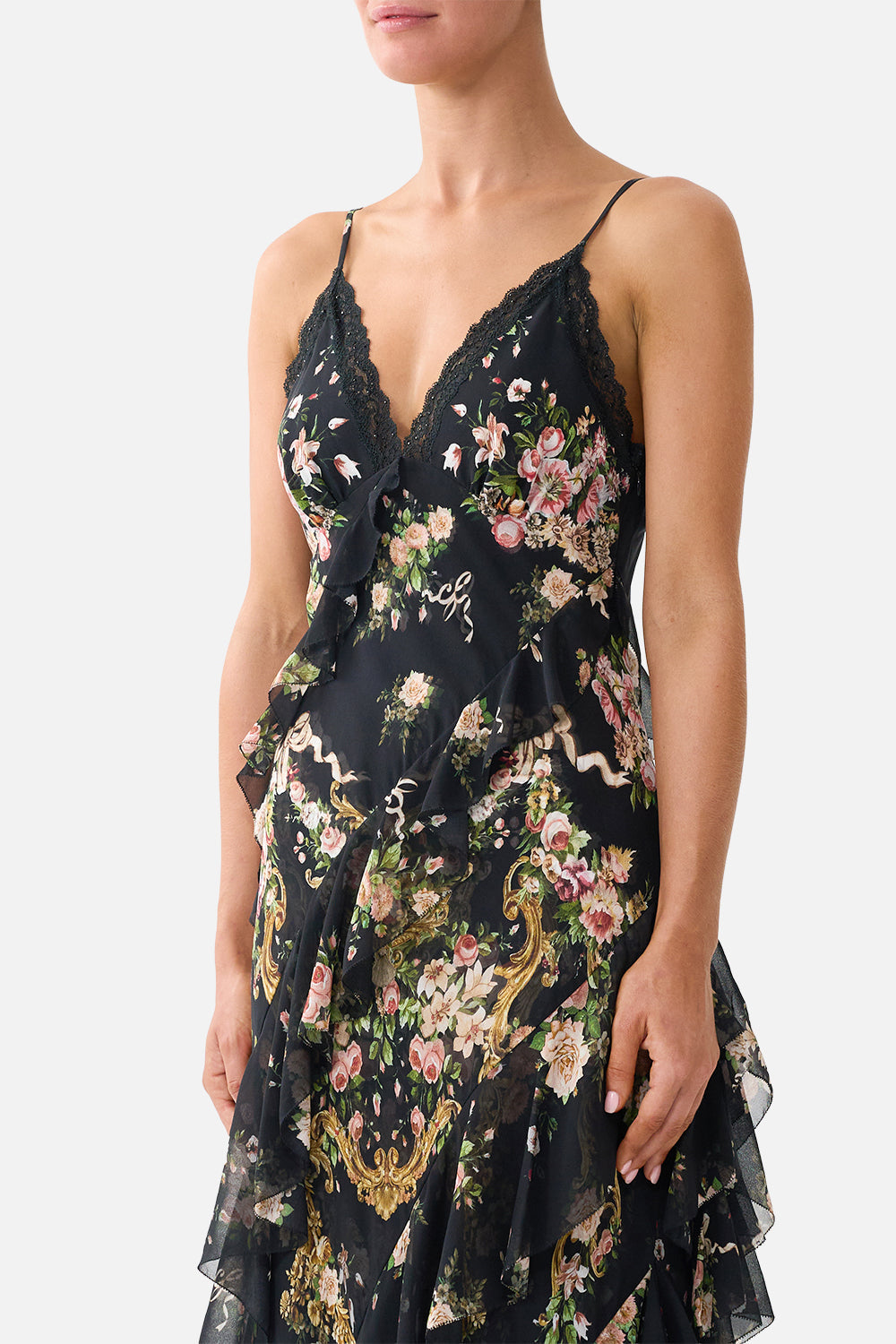 ASYMMETRICAL RUFFLE SLIP DRESS VERSAILLES OR DIE