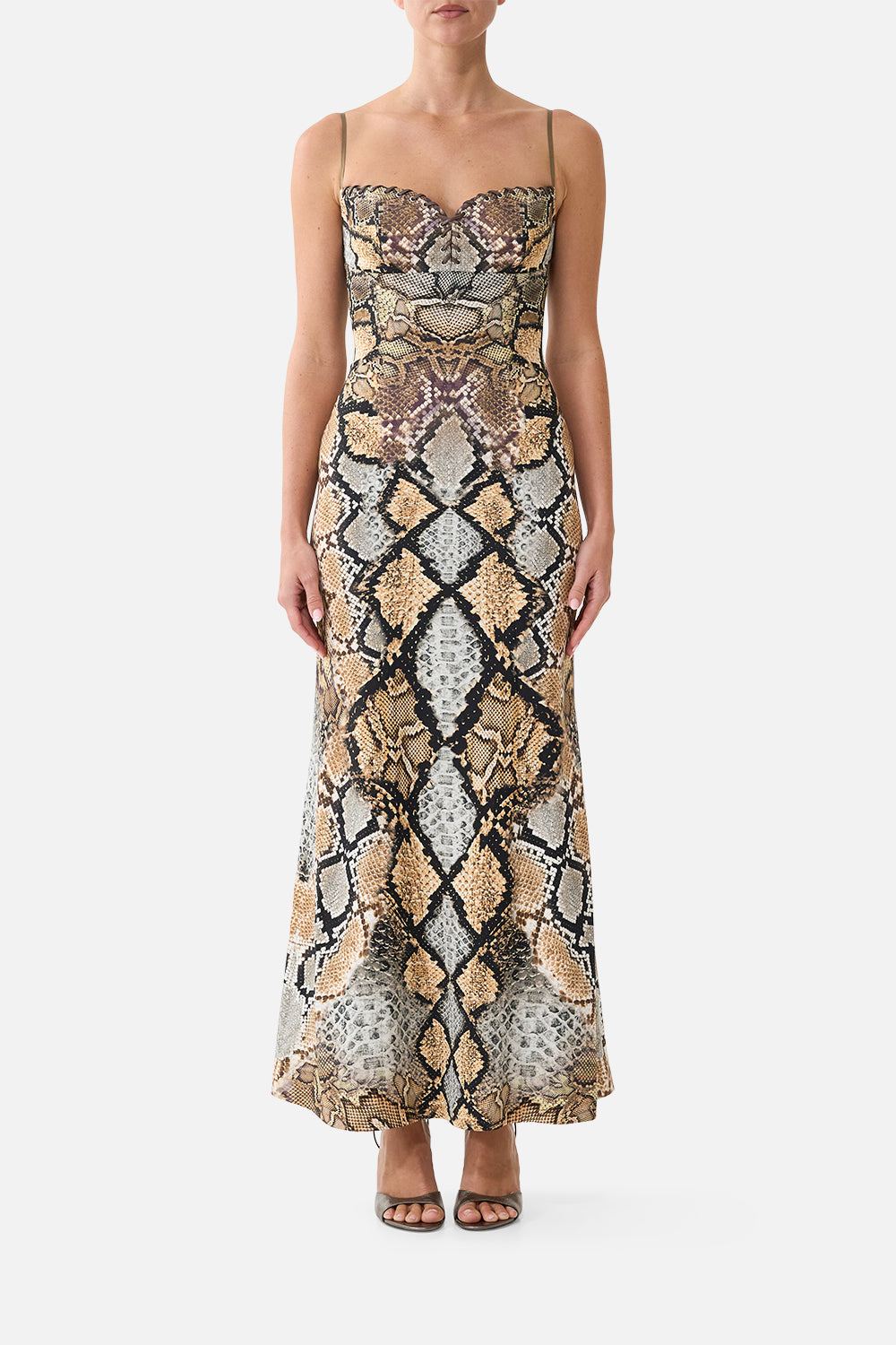 The CAMILLA Slim Fitting Long Dress With Eyelet Detail in Print Animalia Heirlooms. Model View