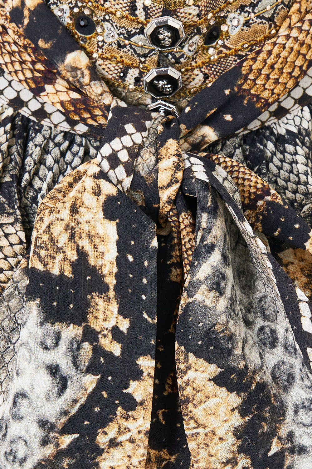 The CAMILLA Detachable Pussy Bow Raglan Blouse in Print Animalia Heirlooms. Ghost View