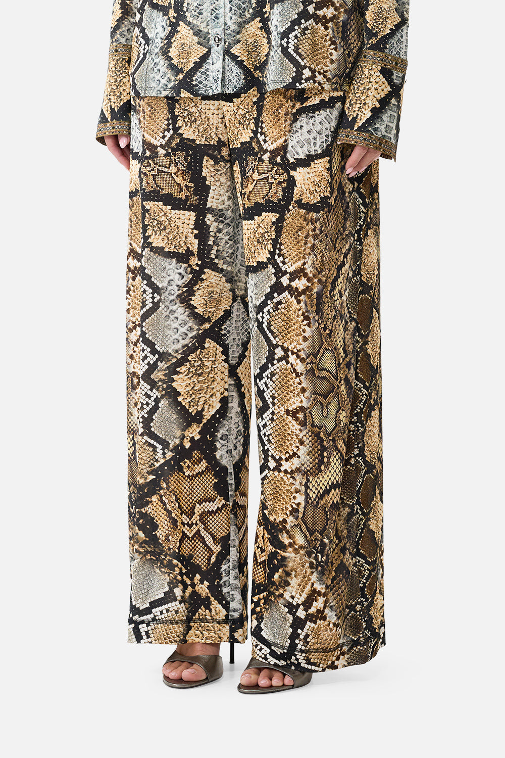 The CAMILLA Jersey Relaxed Trouser With Fly Front in Print Animalia Heirlooms. Model View