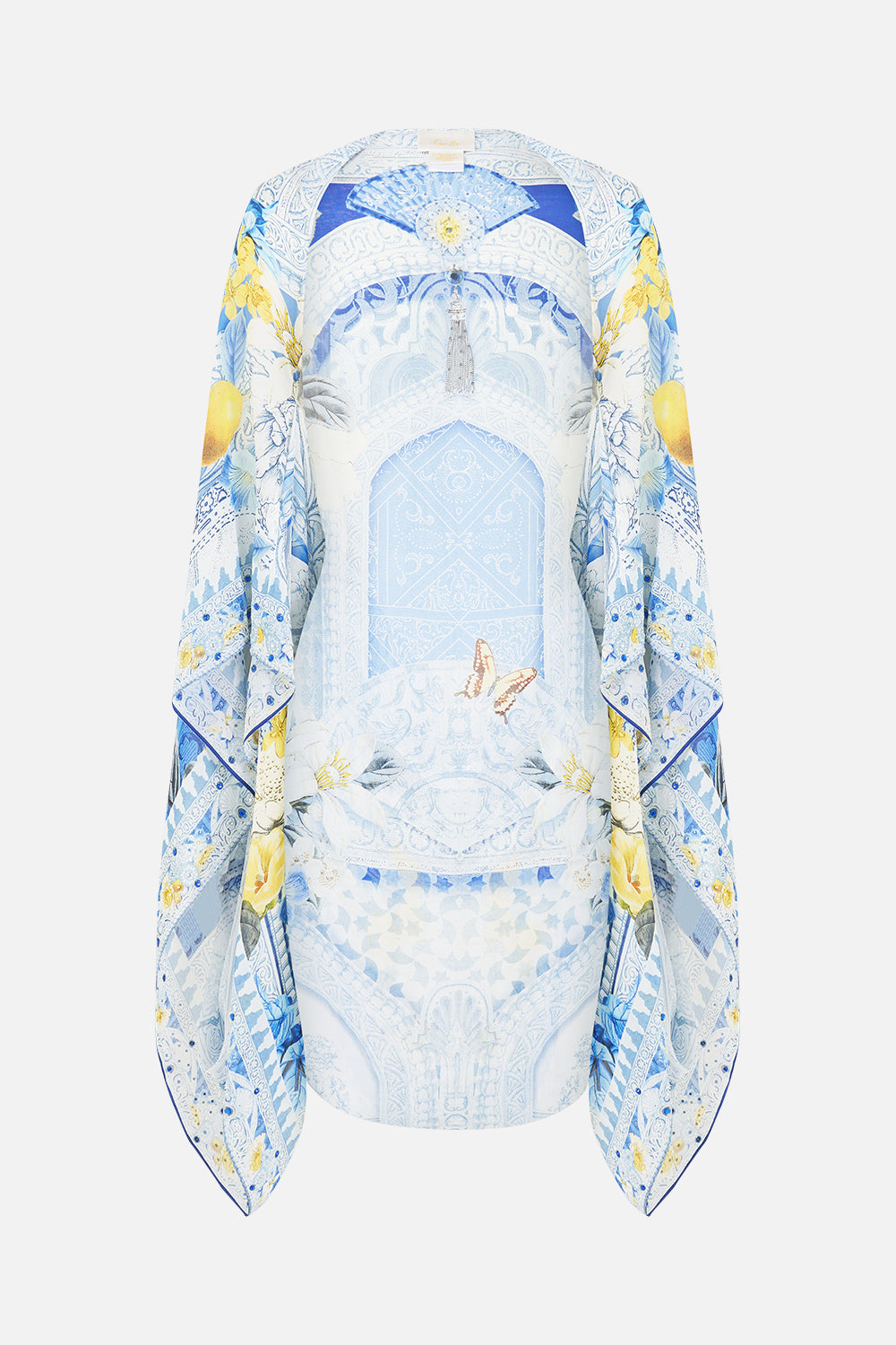 The CAMILLA FLUTTER SLEEVE MIDI DRESS WITH FRILL DETAIL MAGIC OF THE MERCADO in our  print.