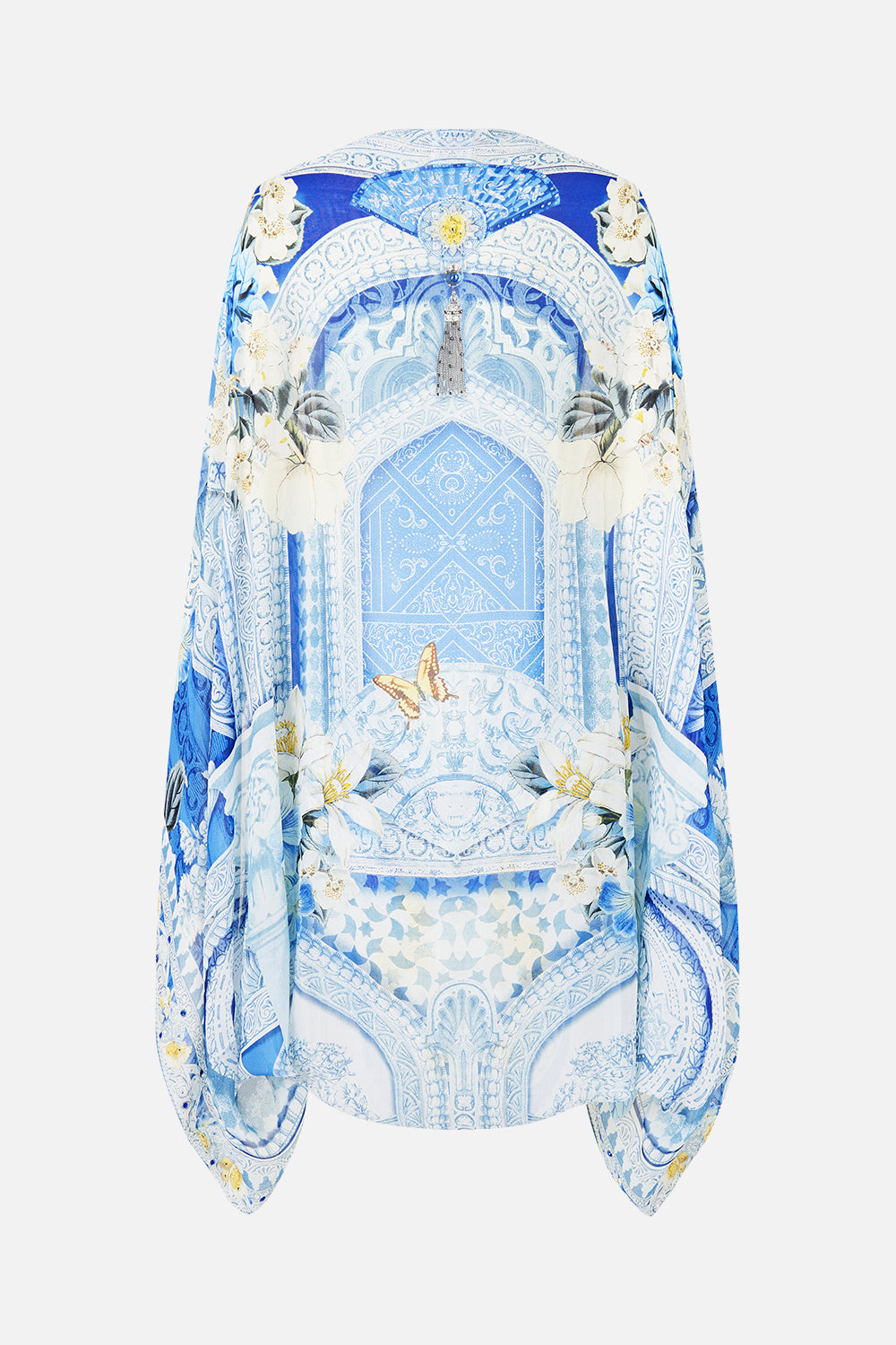 The CAMILLA FLUTTER SLEEVE MIDI DRESS WITH FRILL DETAIL MAGIC OF THE MERCADO in our  print.