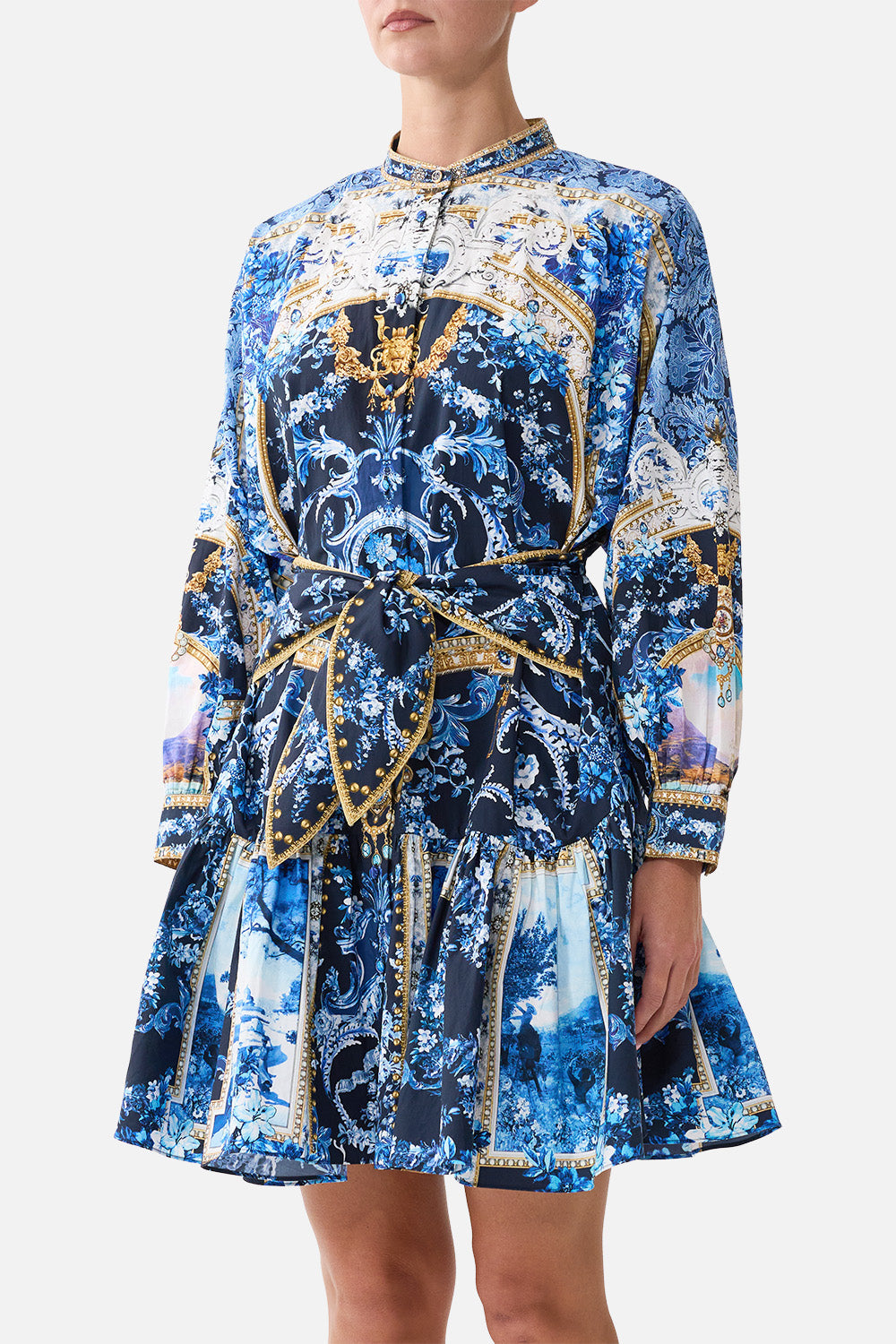The Sweet Sacre Bleu Short Tiered Shirtdress With Wide Waist Tie