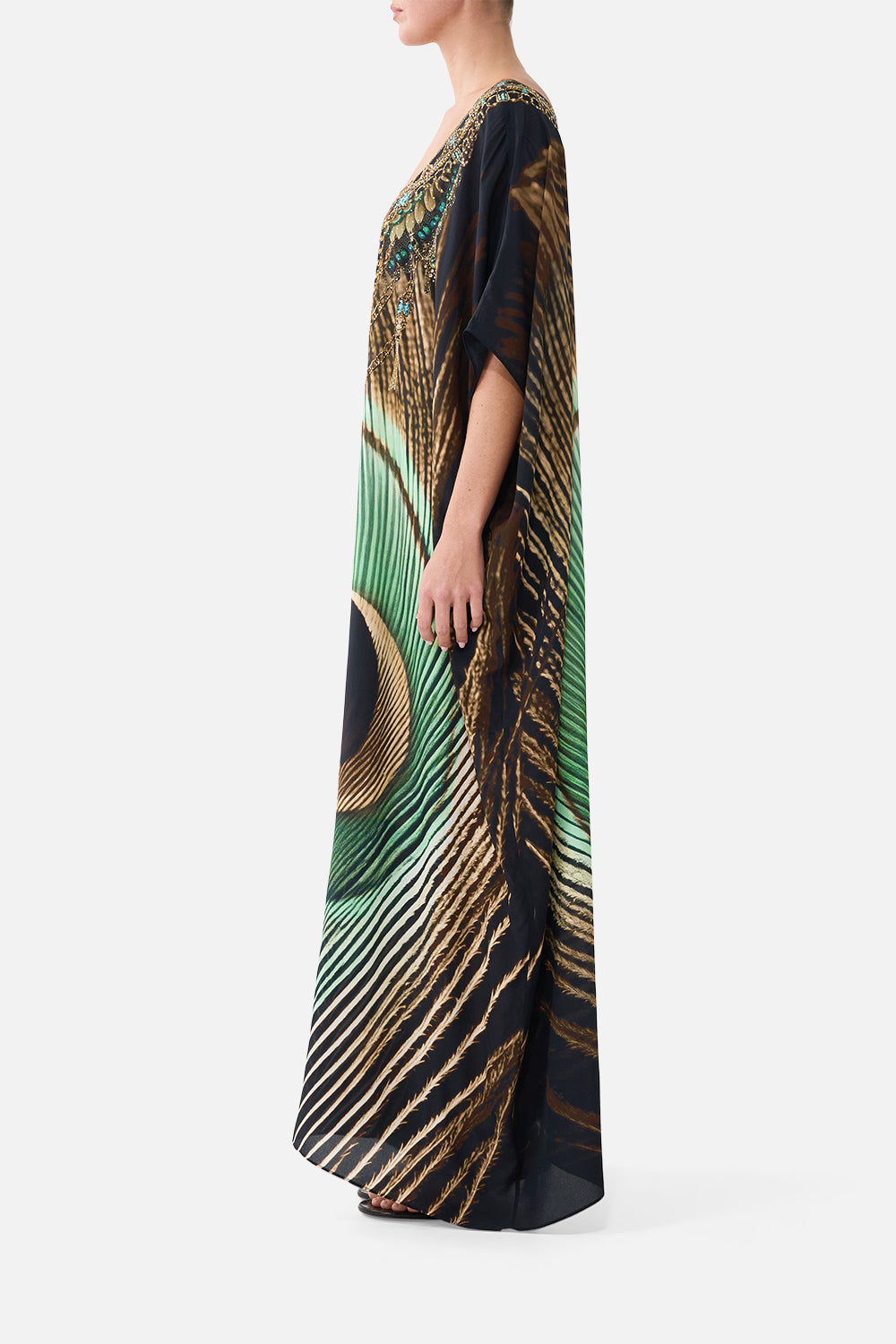 The CAMILLA Round Neck Kaftan in our A Wink to the Wild print, side view on model.