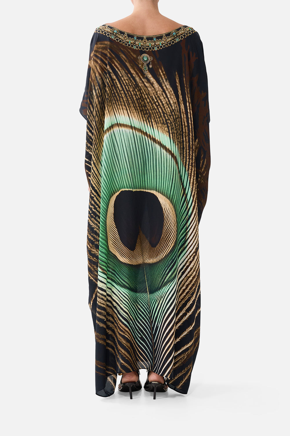 The CAMILLA Round Neck Kaftan in our A Wink to the Wild print, back view on model.