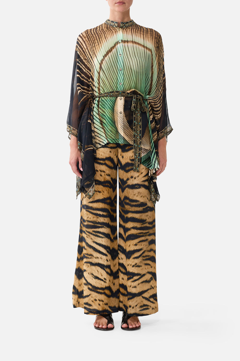 The CAMILLA Lounge Pant in our A Wink to the Wild print, front view on model.