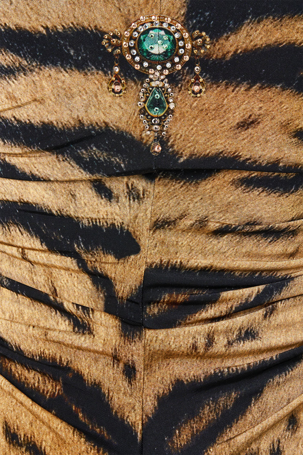 The CAMILLA Strapless Jersey Dress with Silk Panel in our A Wink to the Wild print, fabric detail.
