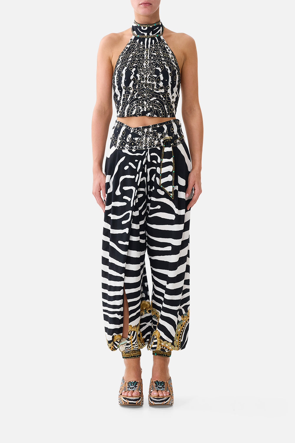 The CAMILLA Halter Tie Back Top in Print Zig Zag Zoo. Model View
