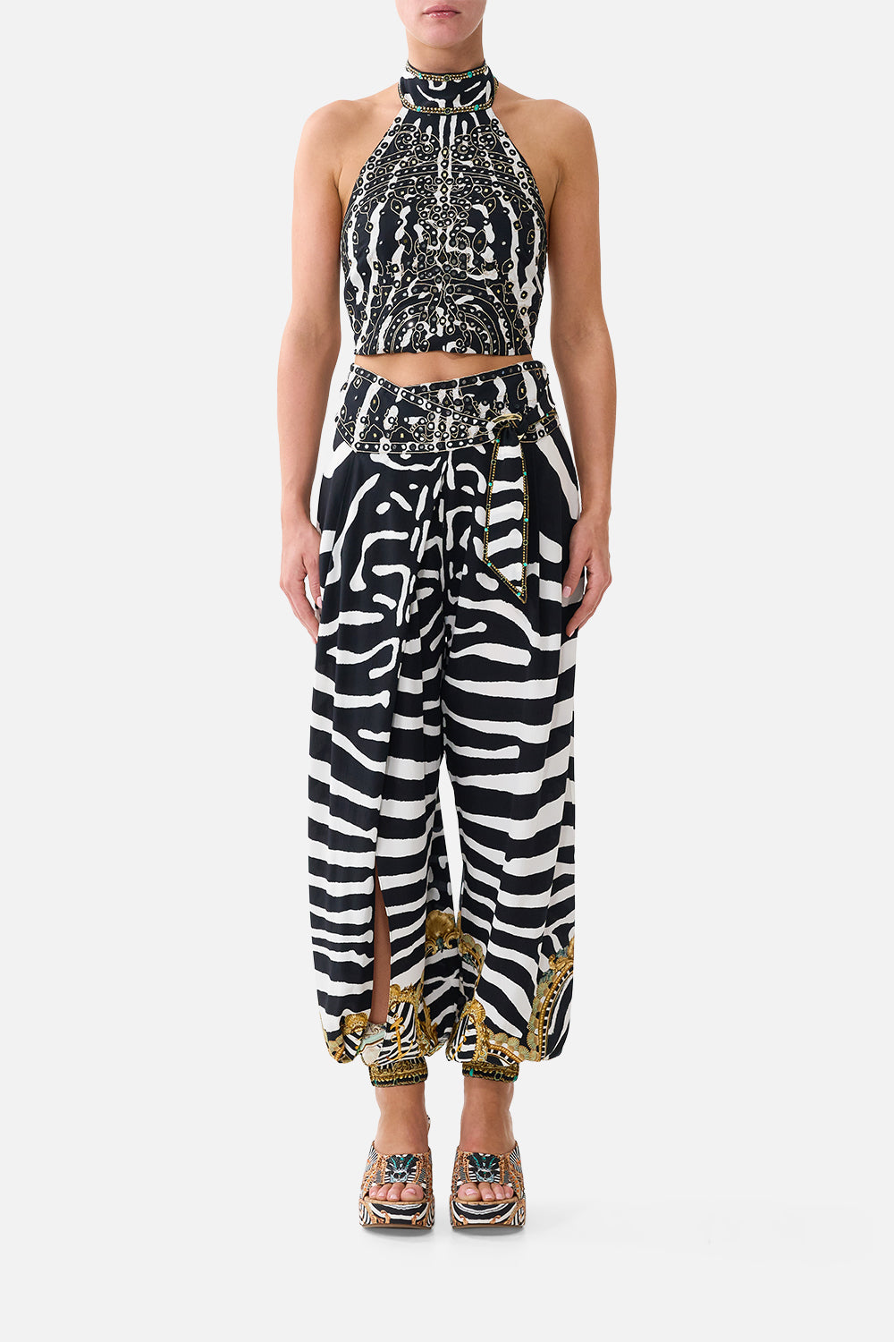 The CAMILLA Halter Tie Back Top in our Zig Zag Zoo print, front view on model.