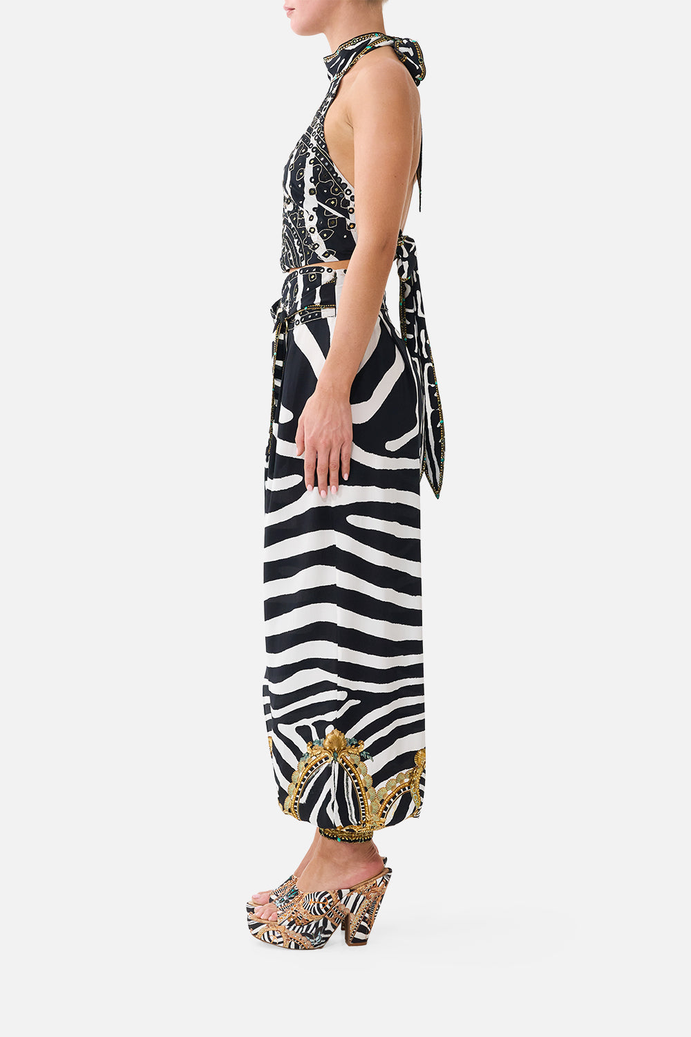 The CAMILLA Halter Tie Back Top in Print Zig Zag Zoo. Model View