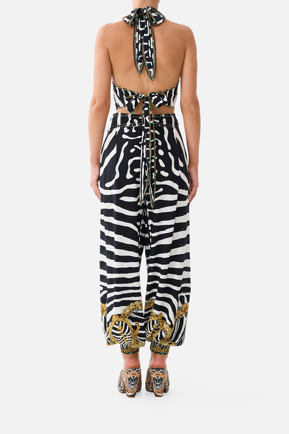 The CAMILLA Halter Tie Back Top in our Zig Zag Zoo print, back view on model.