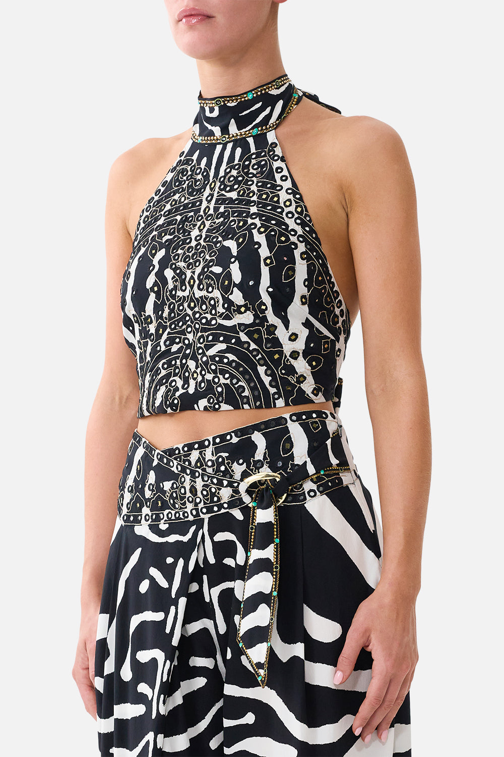 The CAMILLA Halter Tie Back Top in our Zig Zag Zoo print, detail view on model.