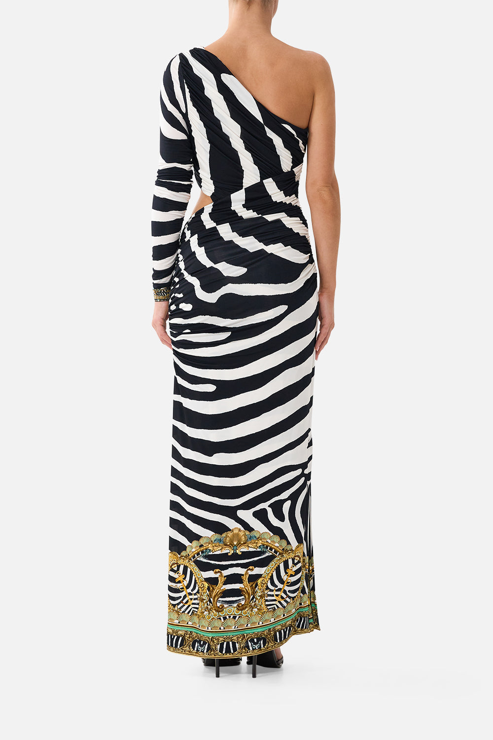 The CAMILLA One Shoulder Jersey Cut Out Dress in Print Zig Zag Zoo. Model View