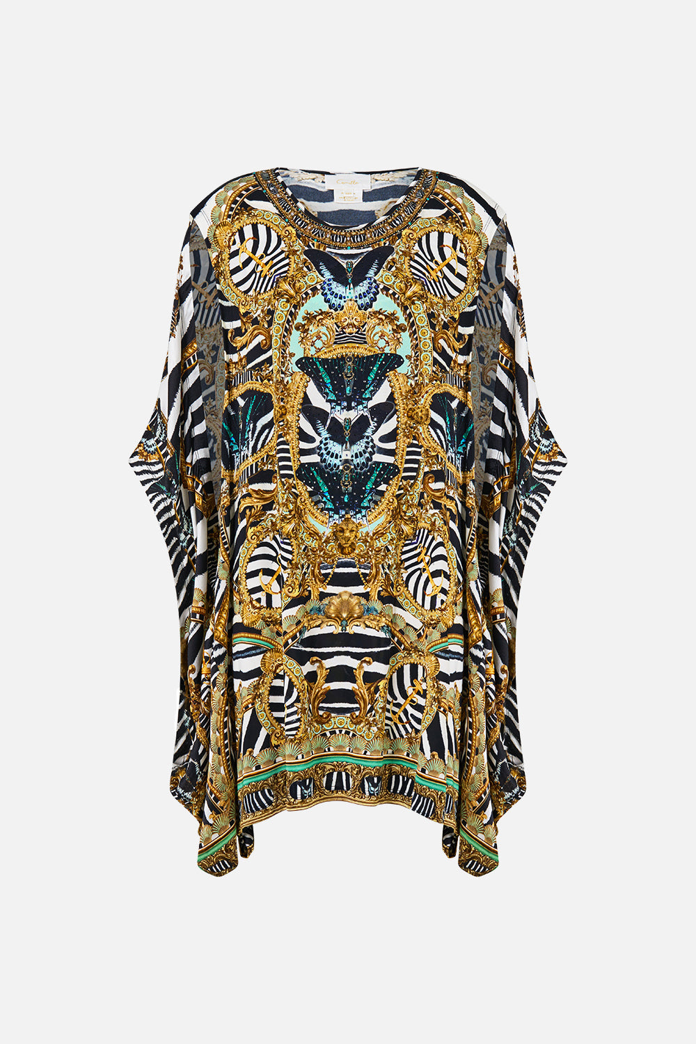 The CAMILLA Draped Split Sleeve Top in our Zig Zag Zoo print, front view.