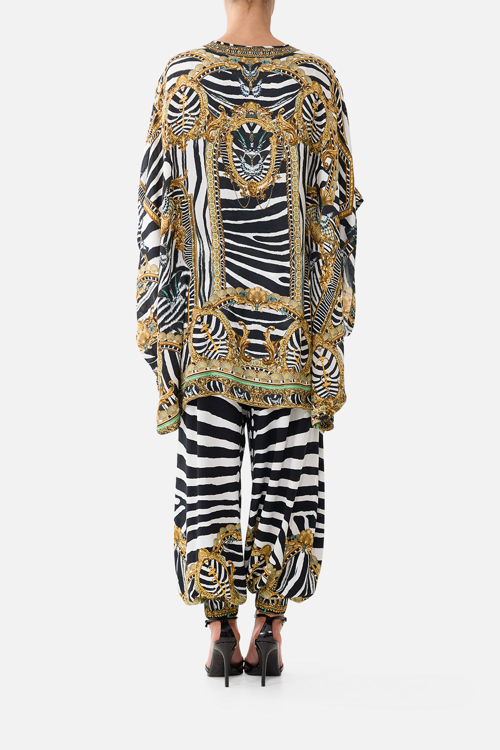 The CAMILLA Draped Split Sleeve Top in our Zig Zag Zoo print, back view on model.