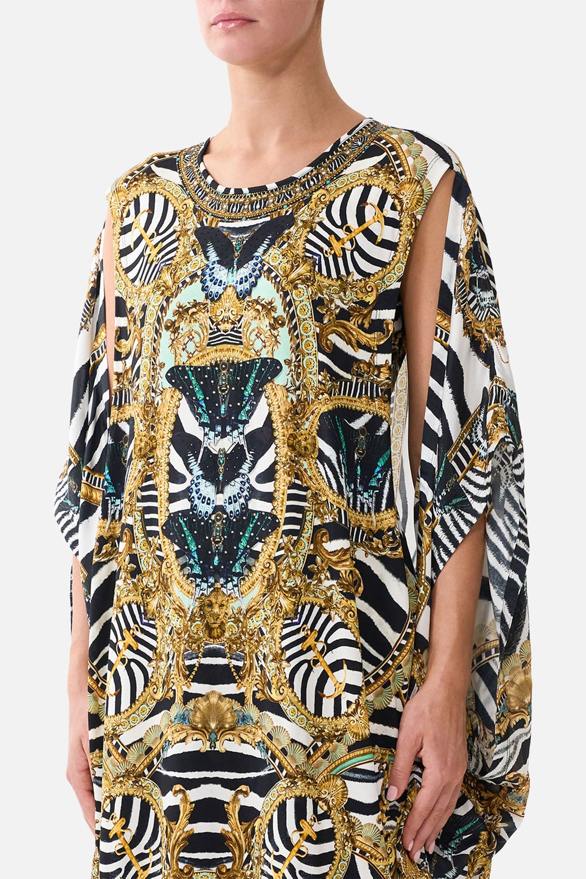 The CAMILLA Draped Split Sleeve Top in Print Zig Zag Zoo. Model View
