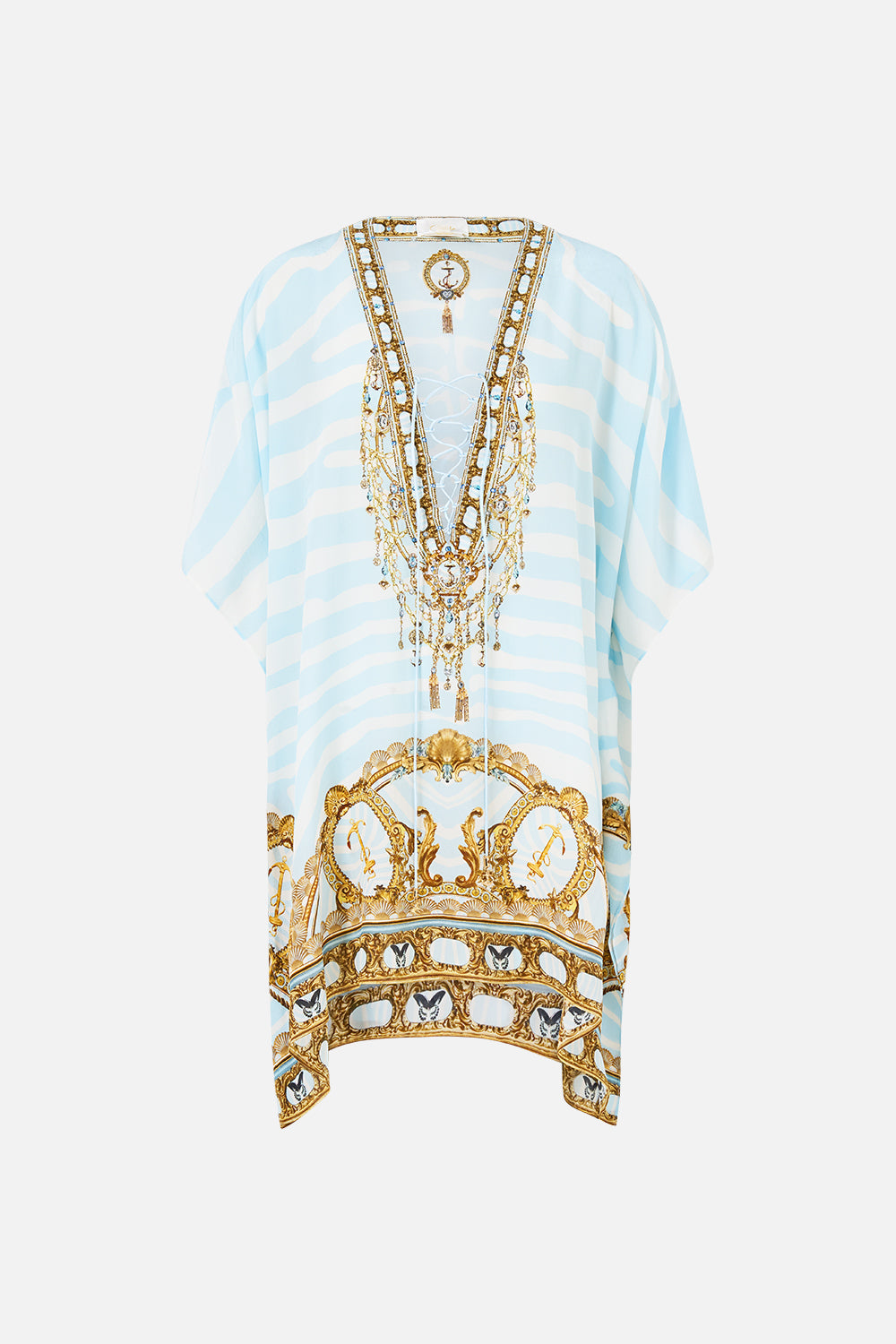 The CAMILLA Short Lace Up Kaftan in Print Spirit of Stripes. Ghost View Front