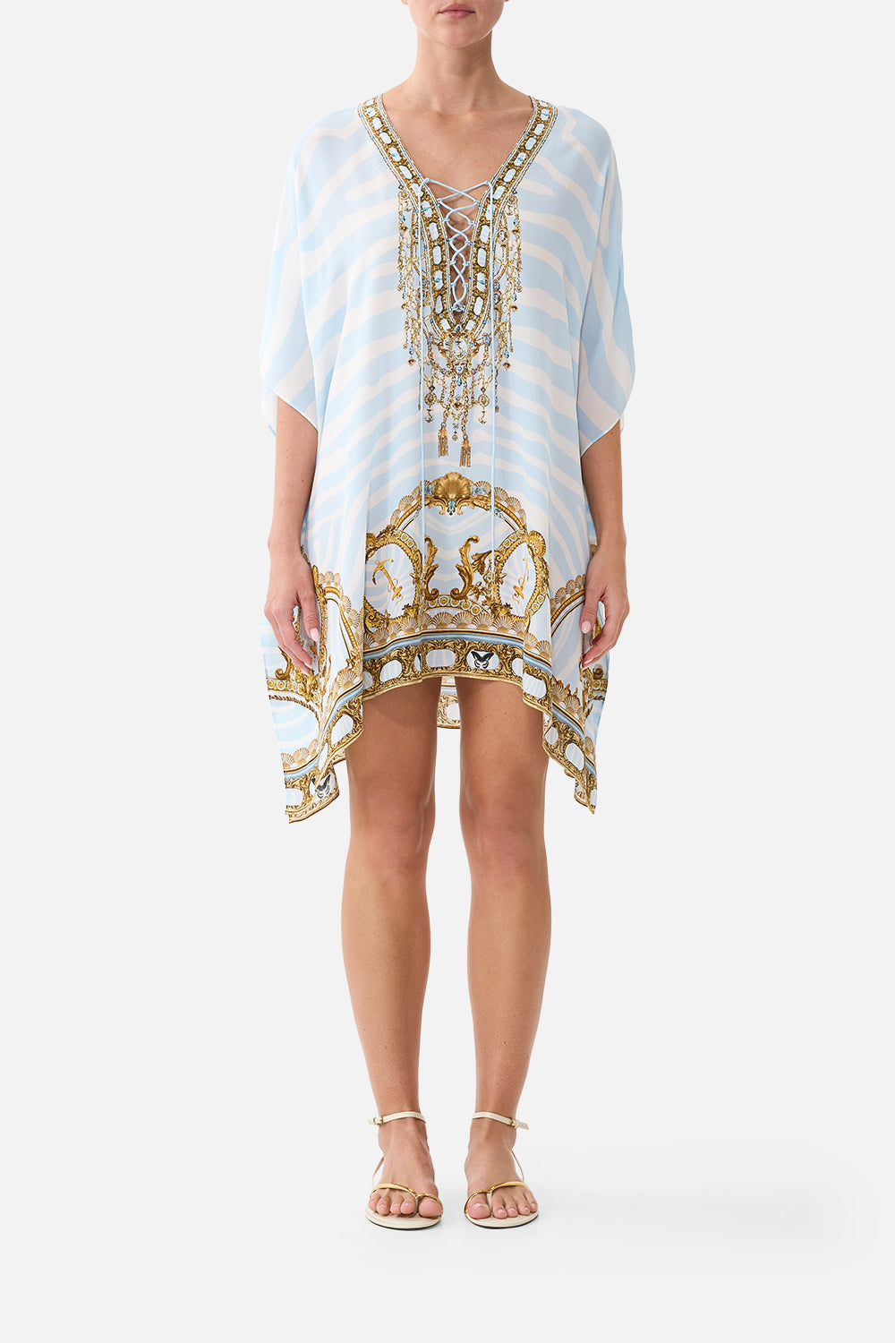 The CAMILLA Short Lace Up Kaftan in our Spirit of Stripes print, front view on model.