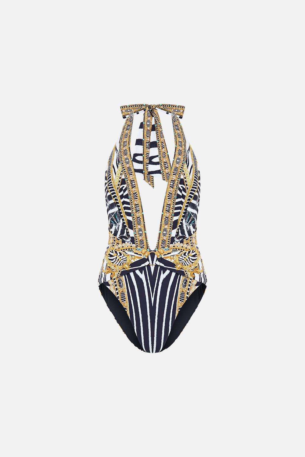 The CAMILLA Plunge Halter One Piece W/ Pleated Waist Trim in Print Zig Zag Zoo. Ghost View Front