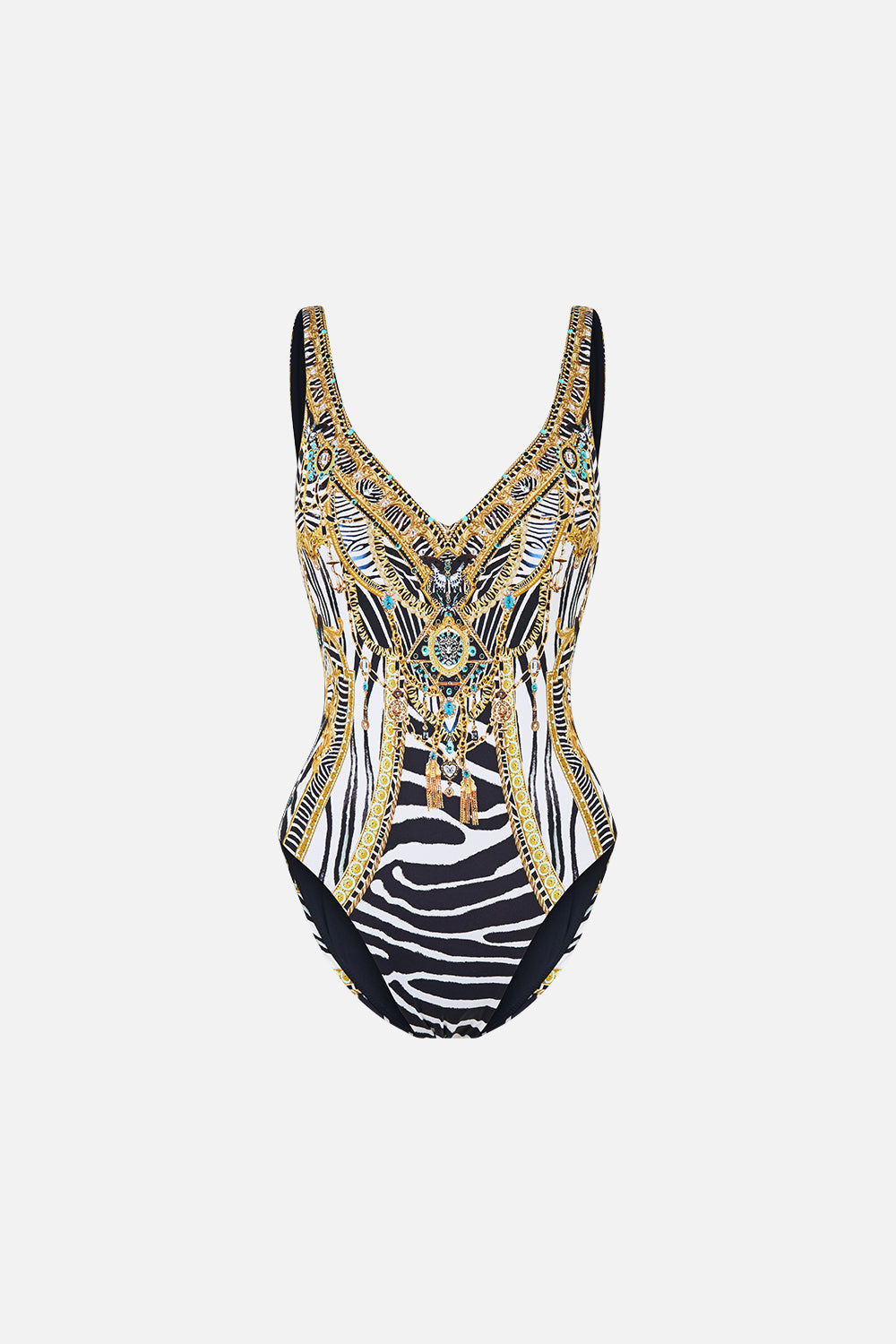 The CAMILLA V-Neck One Piece W/ V Back in Print Zig Zag Zoo. Ghost View Front