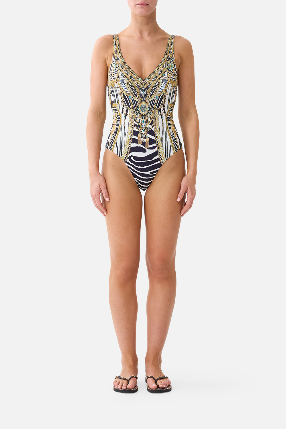 The CAMILLA V-Neck One Piece W/ V Back in Print Zig Zag Zoo. Model View