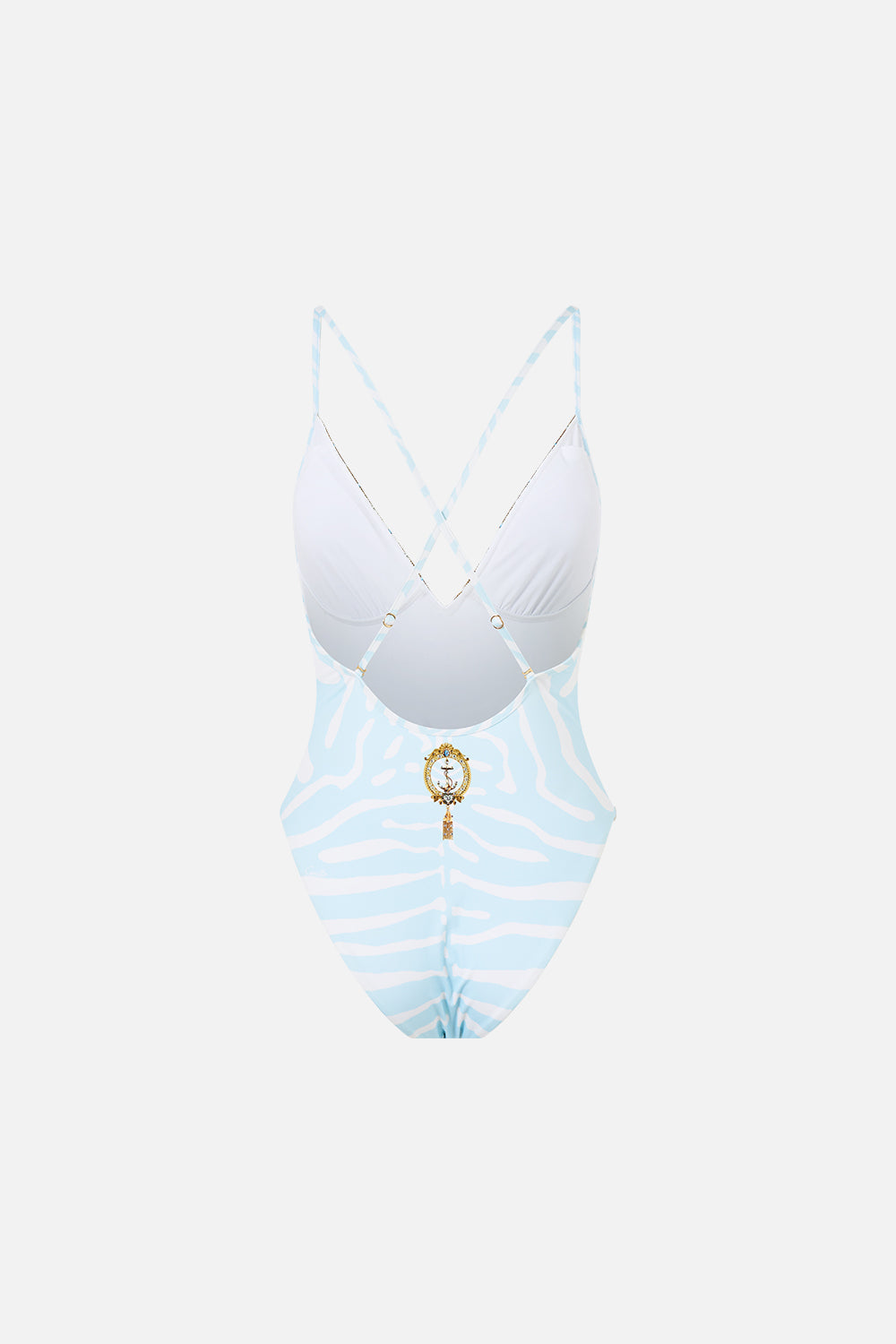 The CAMILLA Padded V-Neck Cross Back One Piece in Print Spirit of Stripes. Ghost View Back