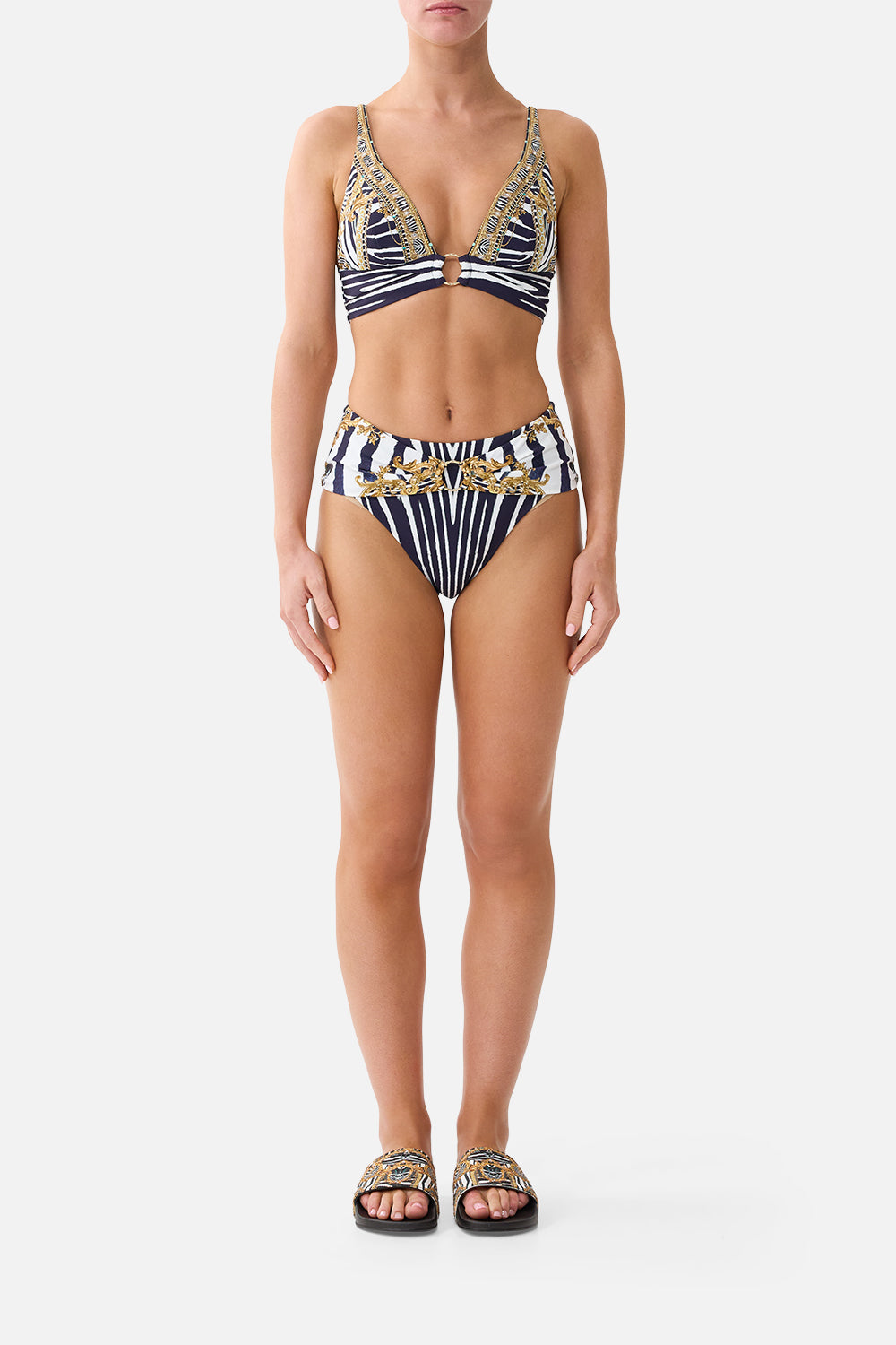 The CAMILLA Pleated High Tri Bikini Top W Front Trim in our Zig Zag Zoo print, front view on model.