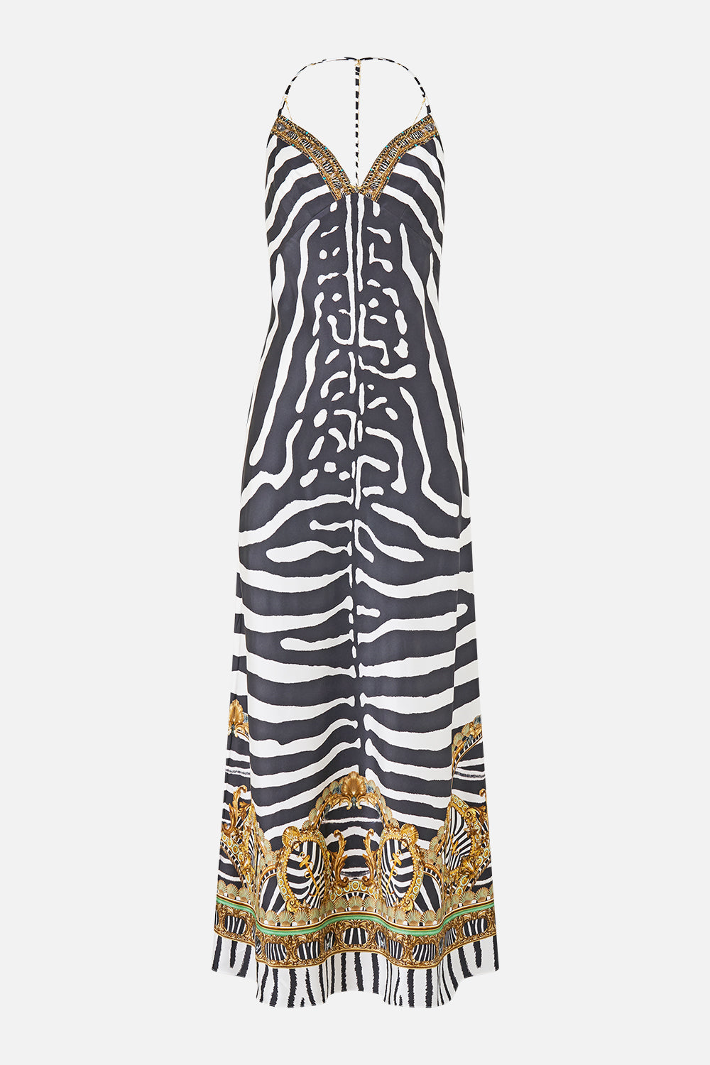 The CAMILLA Chain Detail Slip Dress in our Zig Zag Zoo print, front view.