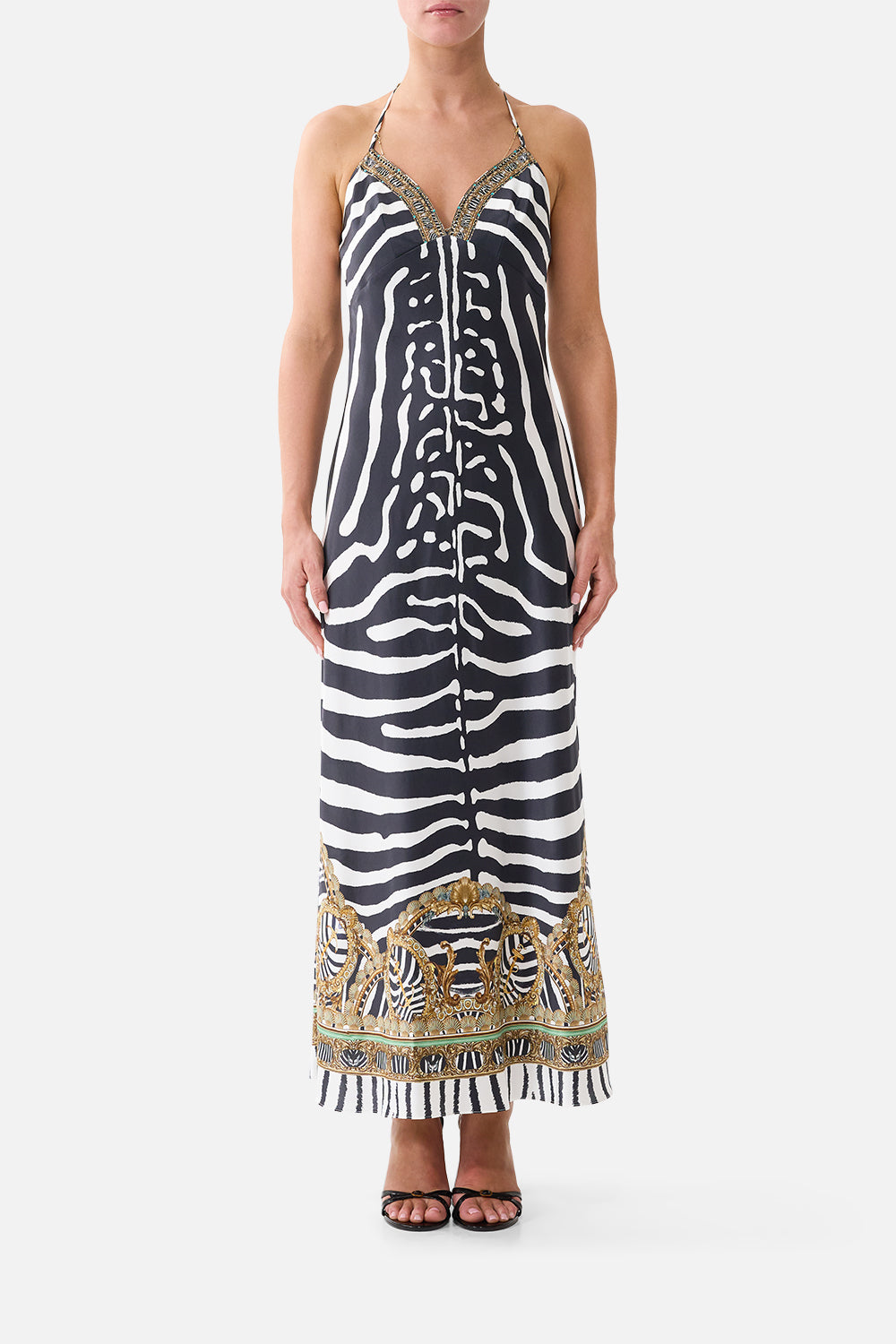 The CAMILLA Chain Detail Slip Dress in Print Zig Zag Zoo. Model View