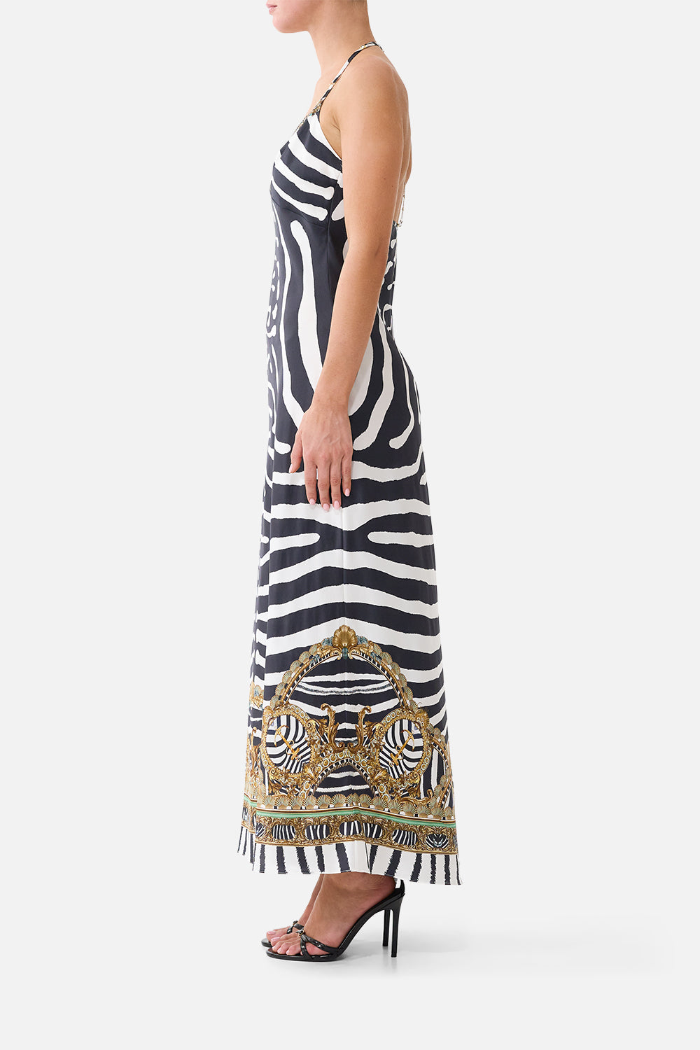 The CAMILLA Chain Detail Slip Dress in our Zig Zag Zoo print, side view on model.