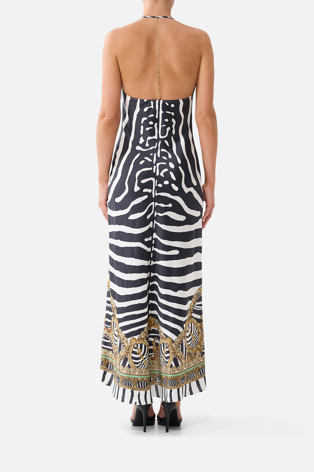 The CAMILLA Chain Detail Slip Dress in our Zig Zag Zoo print, back view on model.