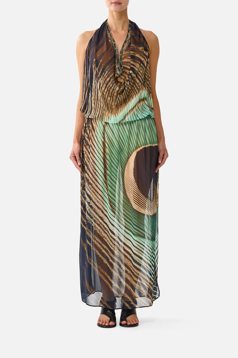 The CAMILLA Drape Front Drawcord Maxi Dress in Print A Wink to the Wild. Model View
