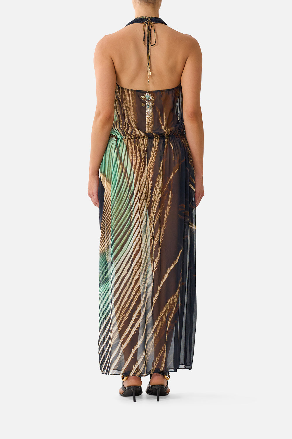 The CAMILLA Drape Front Drawcord Maxi Dress in Print A Wink to the Wild. Model View