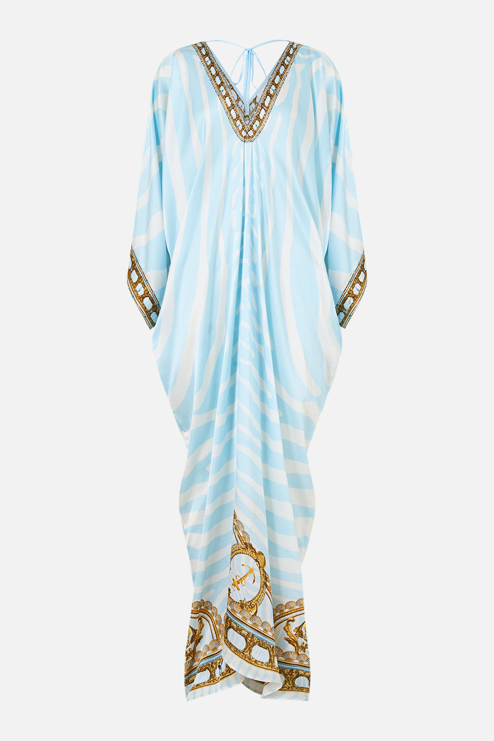 The CAMILLA Long Draped Kaftan in our Spirit of Stripes print, front view.