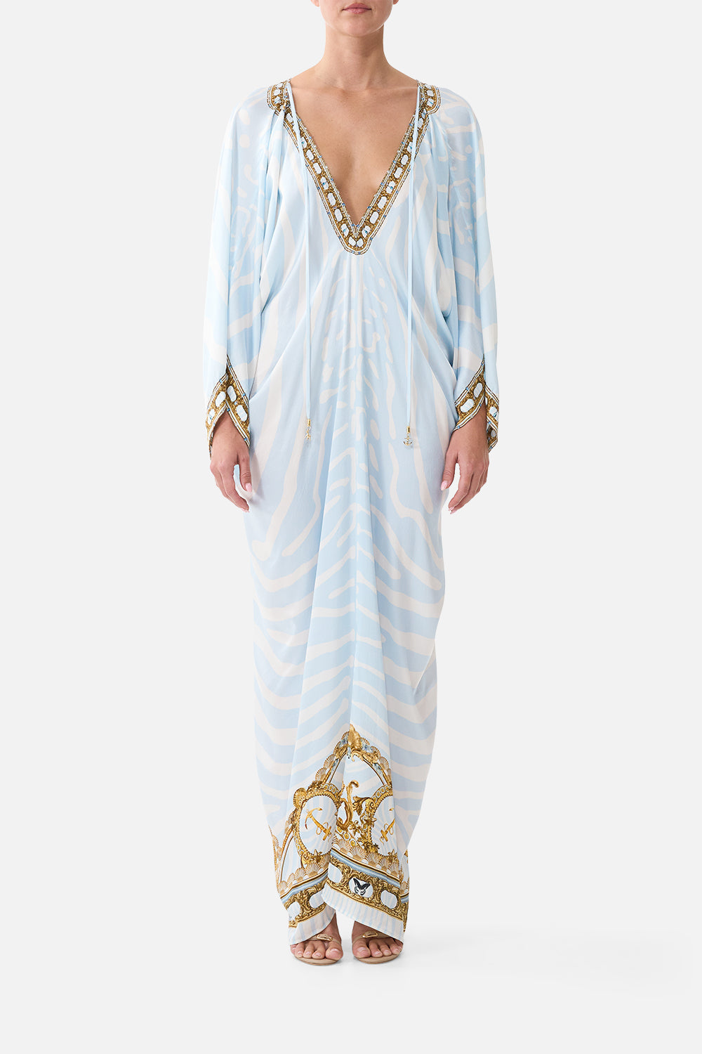 The CAMILLA Long Draped Kaftan in Print Spirit of Stripes. Model View